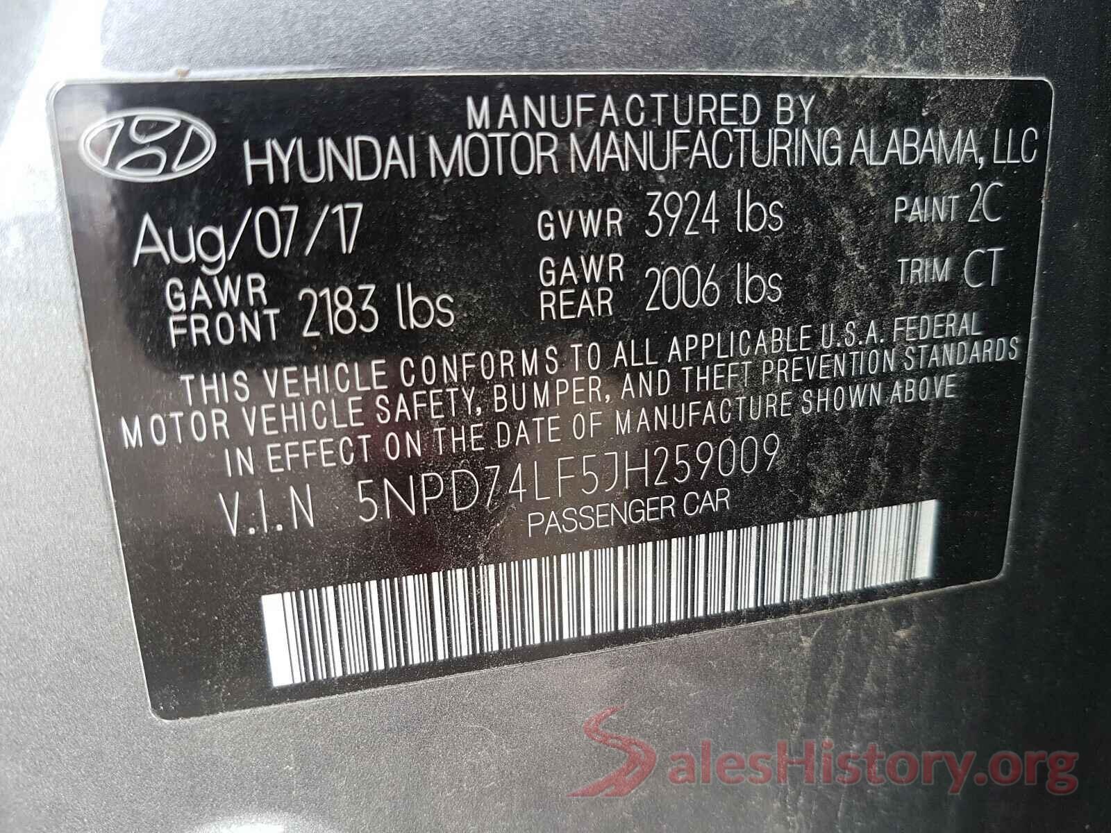 5NPD74LF5JH259009 2018 HYUNDAI ELANTRA