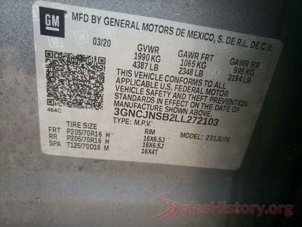 3GNCJNSB2LL272103 2020 CHEVROLET TRAX