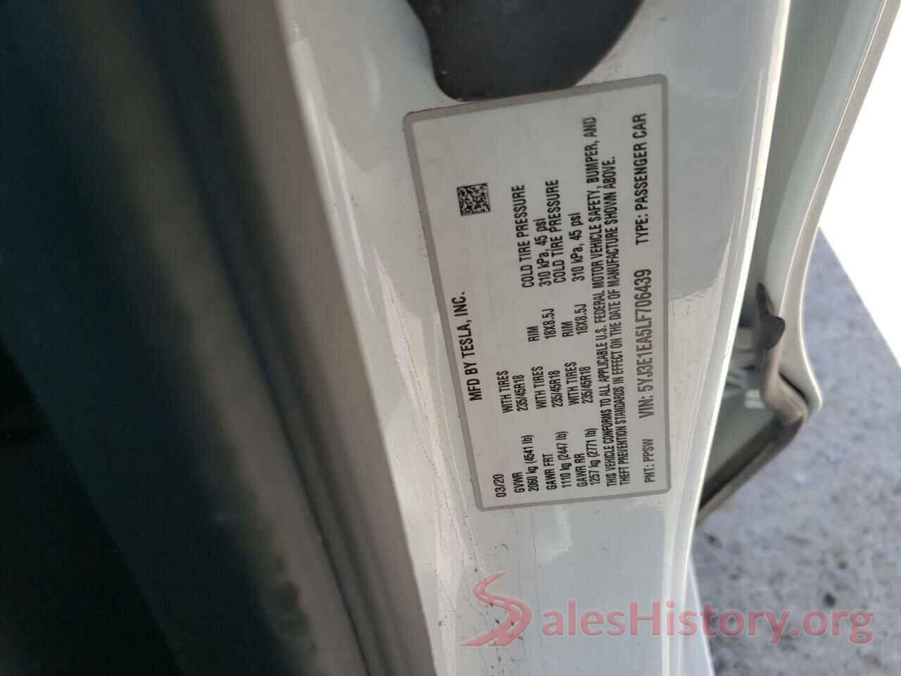 5YJ3E1EA5LF706439 2020 TESLA MODEL 3