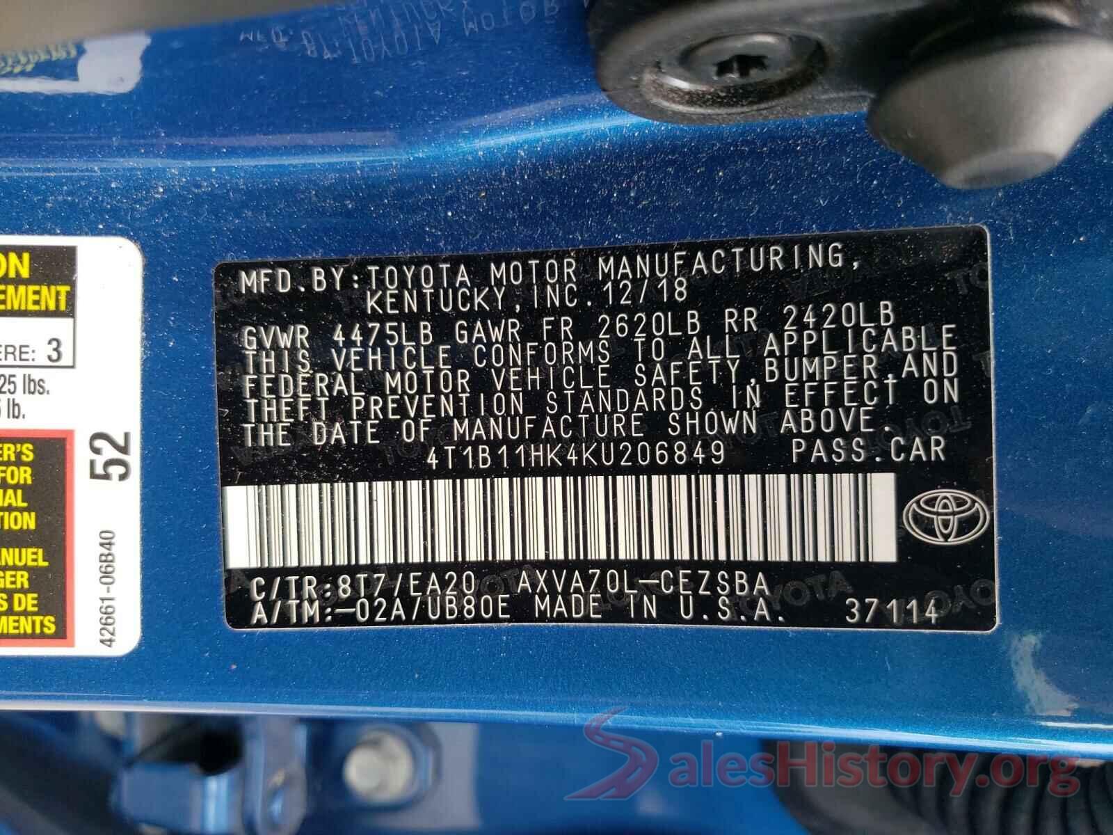 4T1B11HK4KU206849 2019 TOYOTA CAMRY