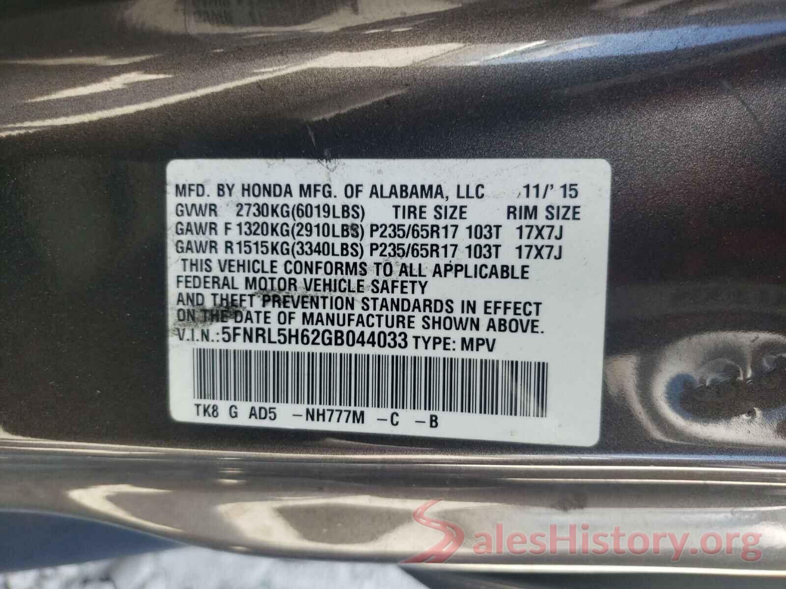 5FNRL5H62GB044033 2016 HONDA ODYSSEY