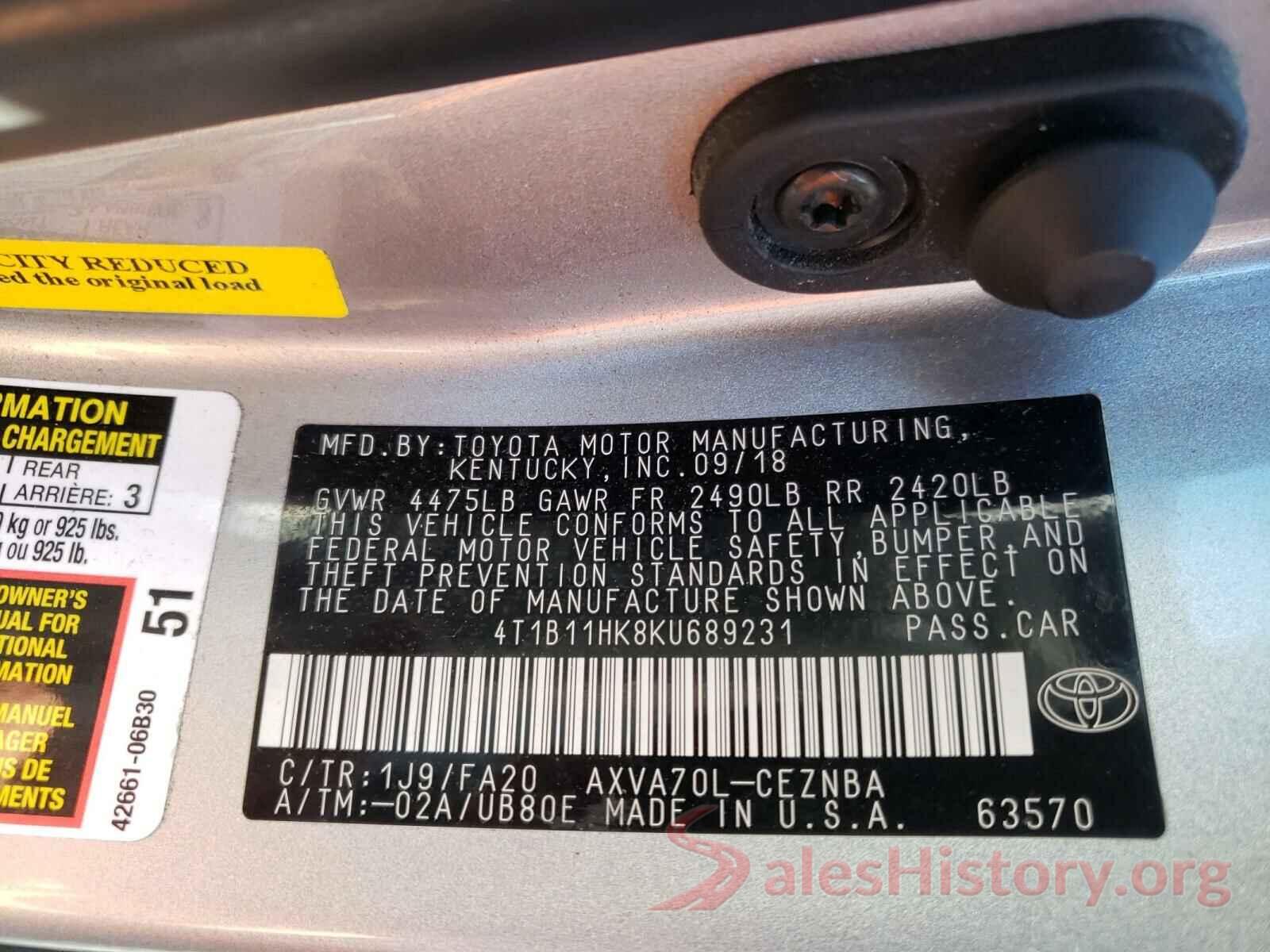 4T1B11HK8KU689231 2019 TOYOTA CAMRY