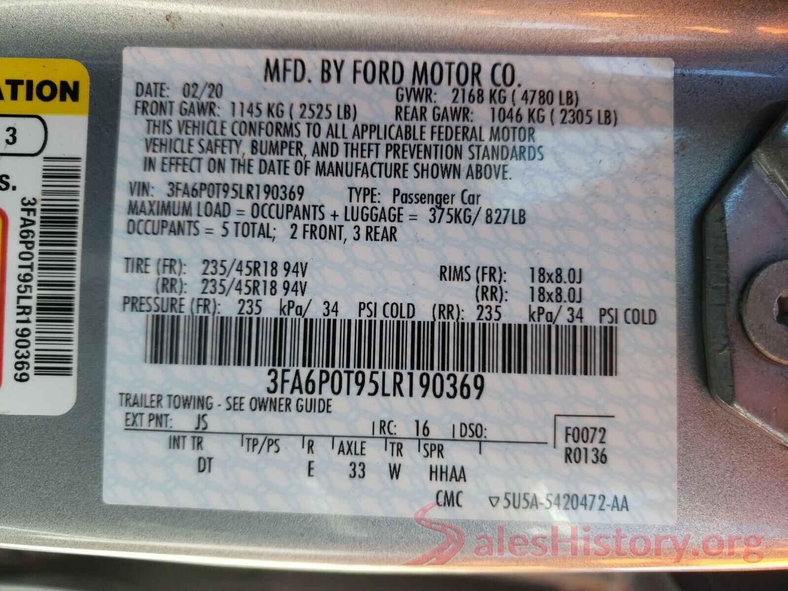 3FA6P0T95LR190369 2020 FORD FUSION