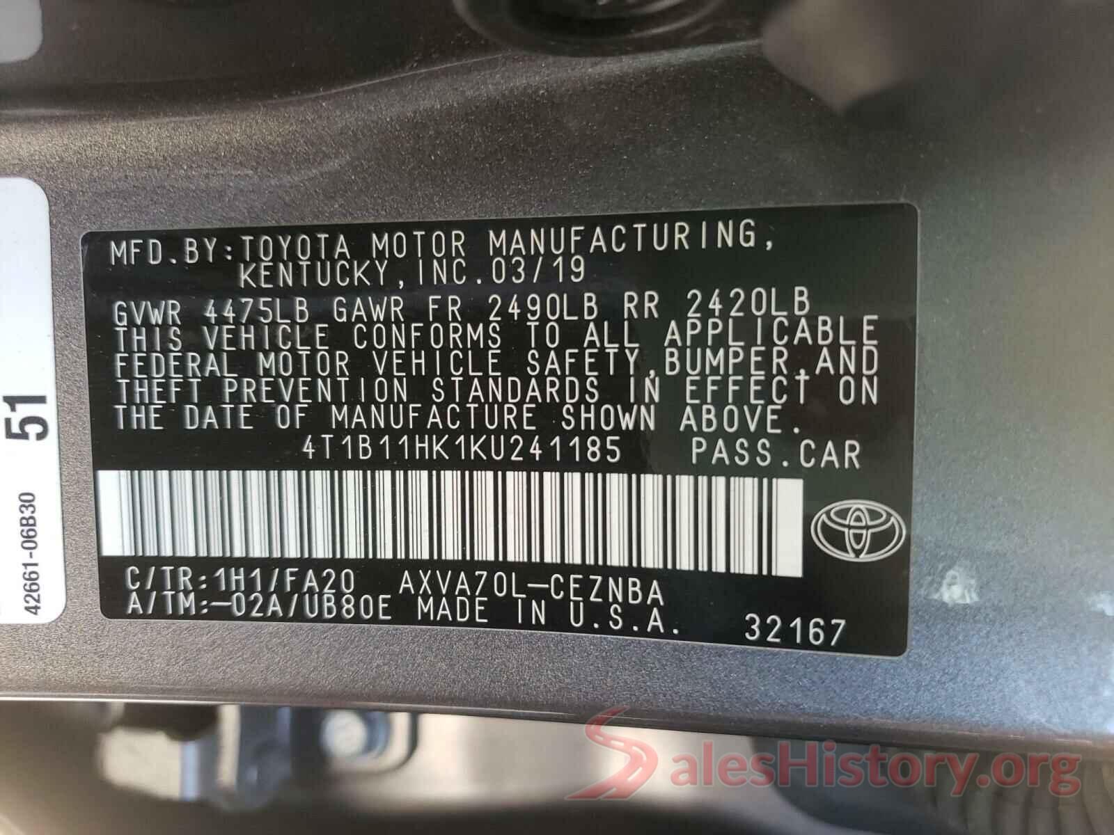 4T1B11HK1KU241185 2019 TOYOTA CAMRY