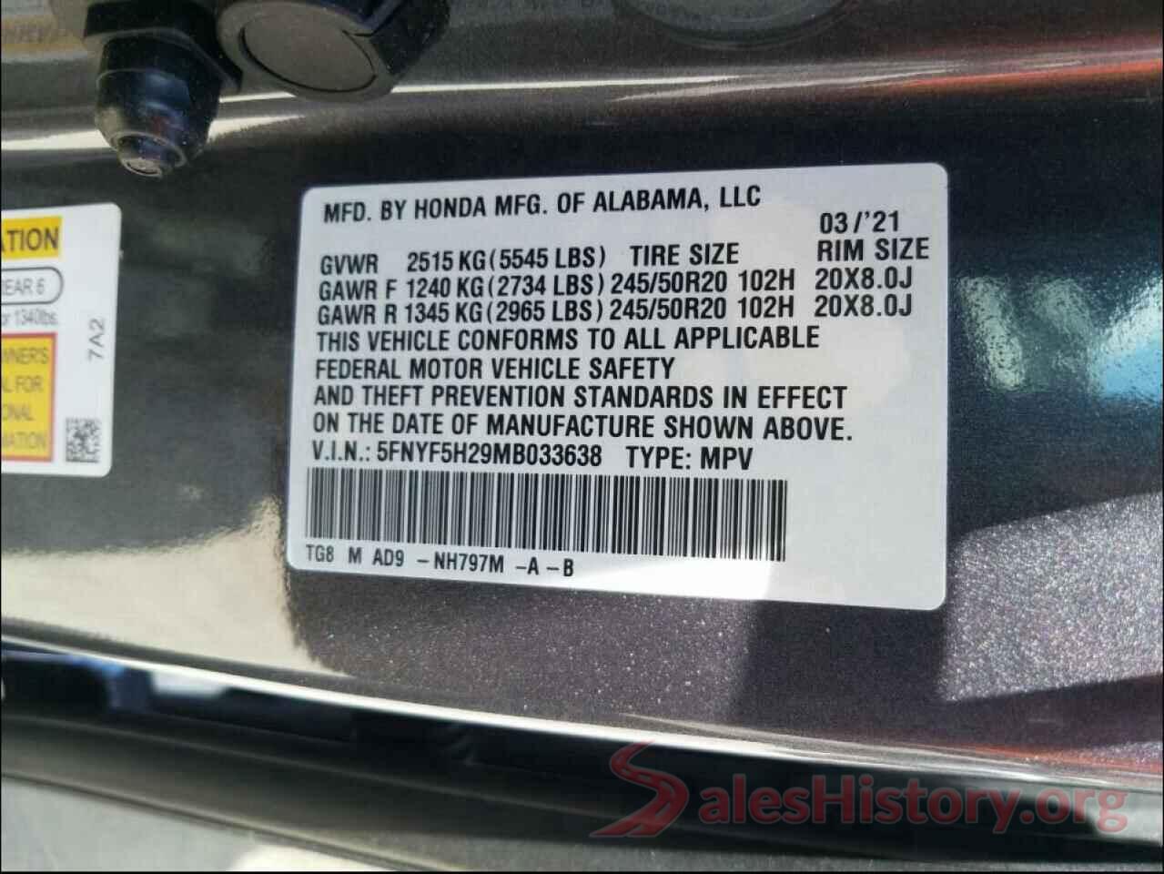 5FNYF5H29MB033638 2021 HONDA PILOT