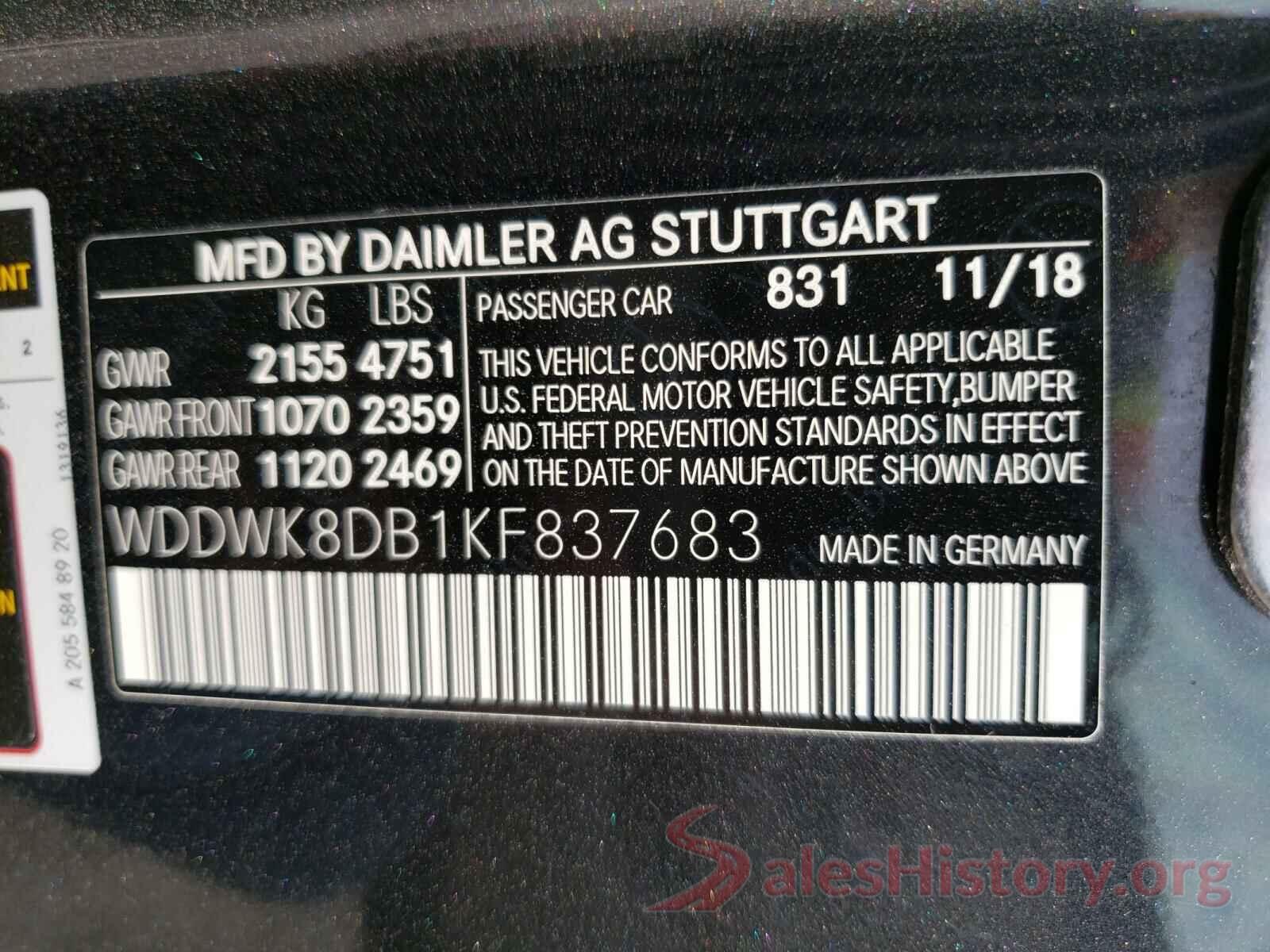 WDDWK8DB1KF837683 2019 MERCEDES-BENZ C-CLASS