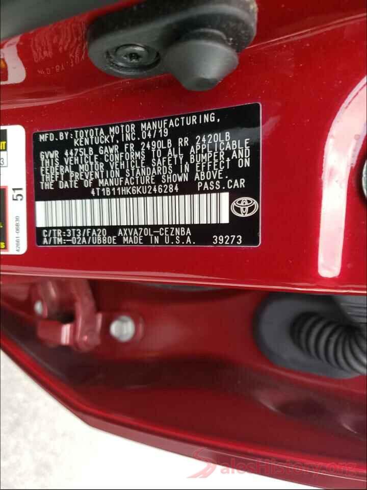 4T1B11HK6KU246284 2019 TOYOTA CAMRY