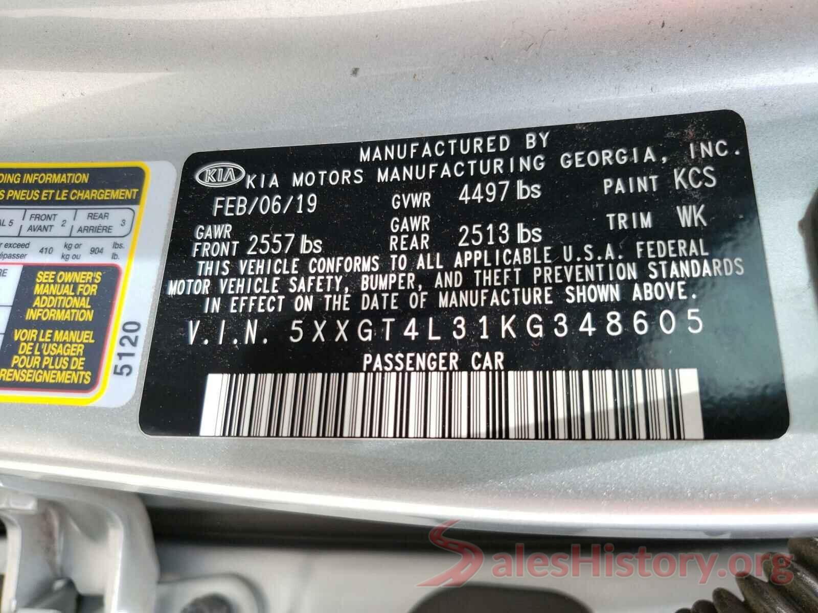 5XXGT4L31KG348605 2019 KIA OPTIMA