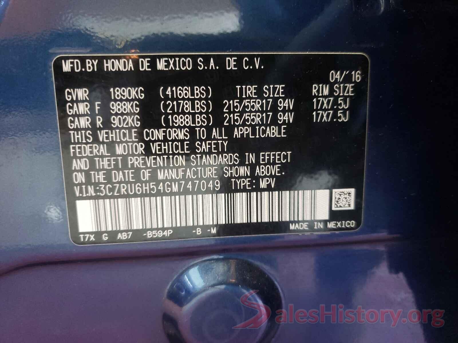 3CZRU6H54GM747049 2016 HONDA HR-V