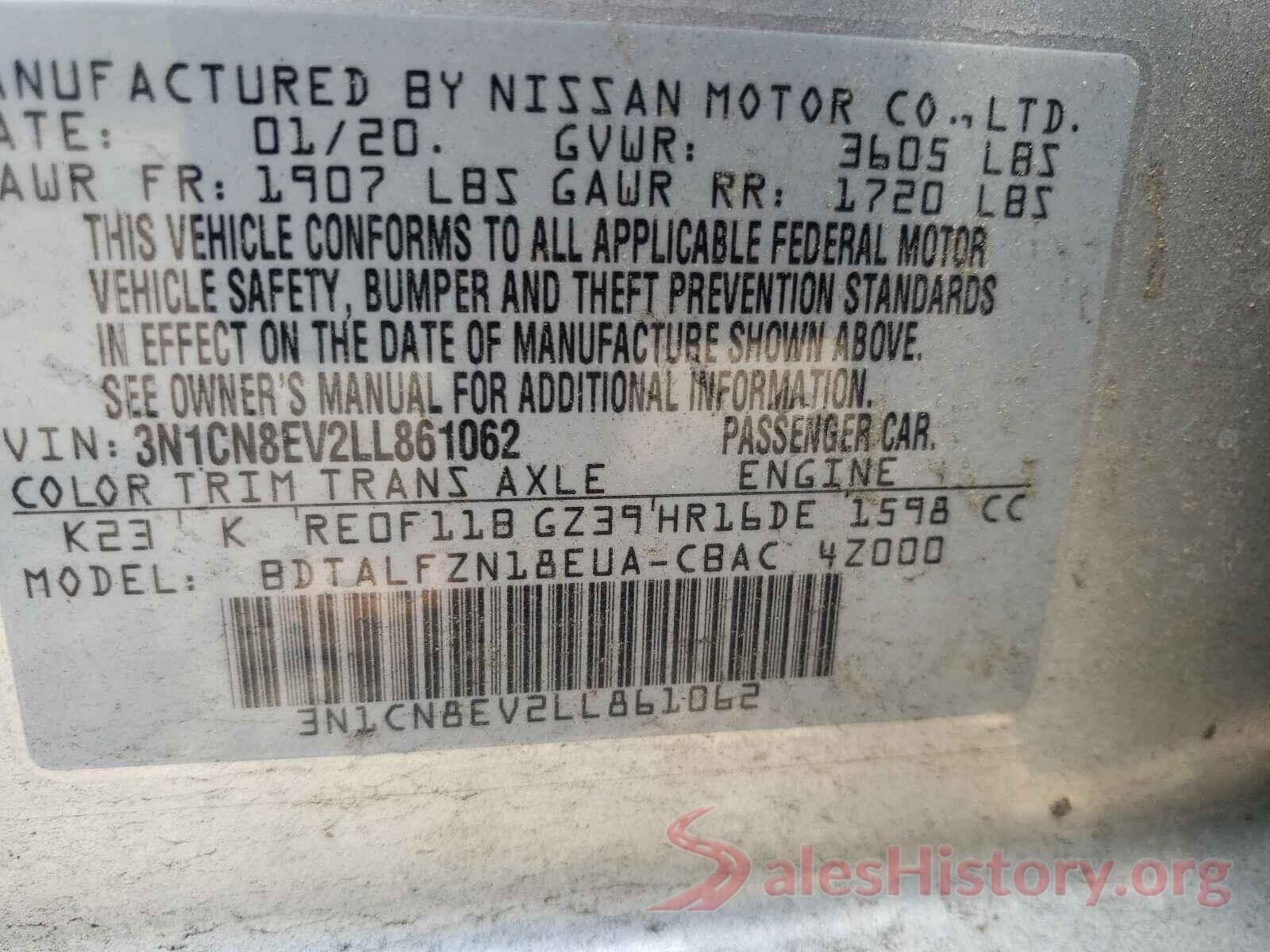 3N1CN8EV2LL861062 2020 NISSAN VERSA