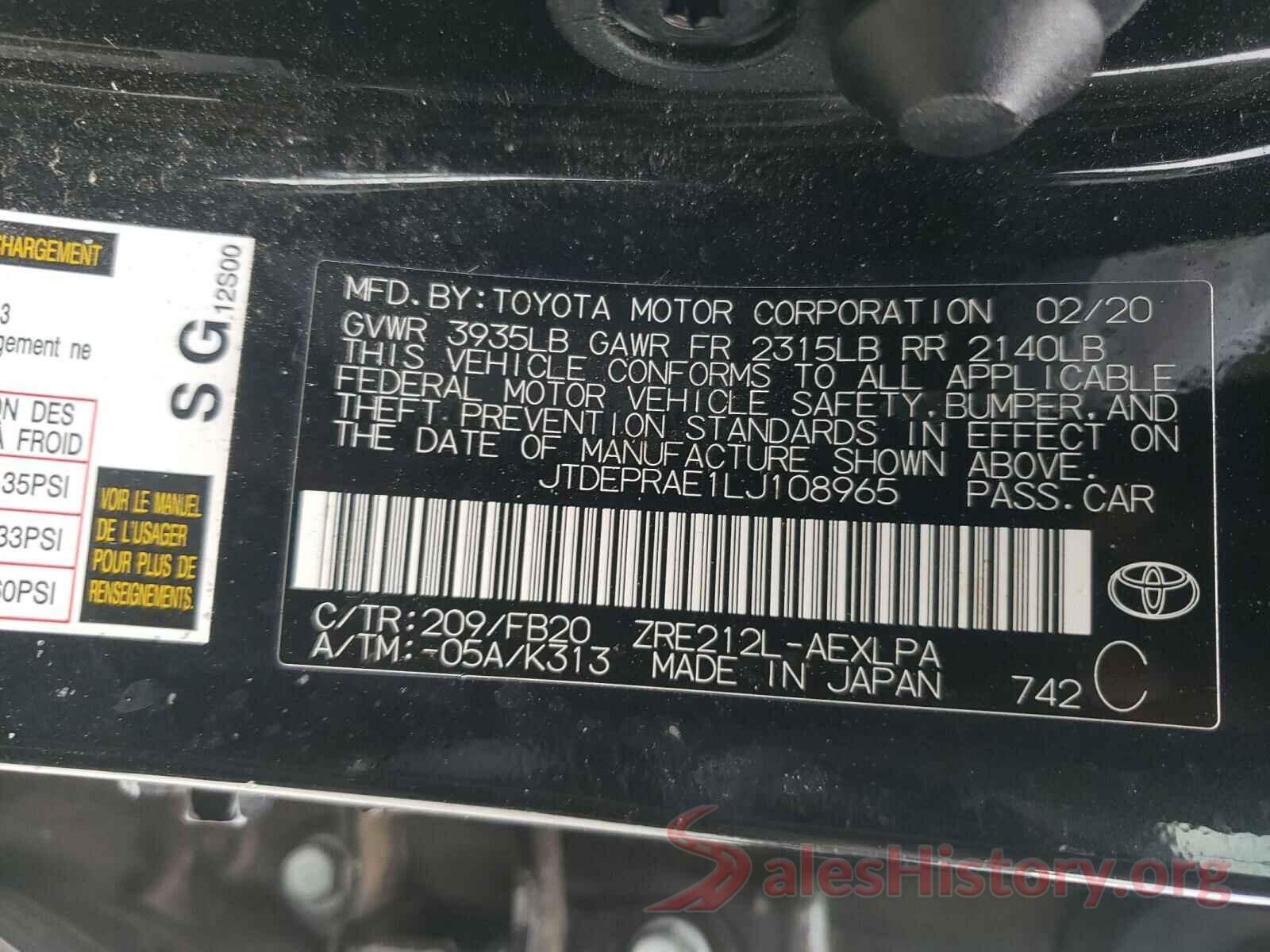 JTDEPRAE1LJ108965 2020 TOYOTA COROLLA