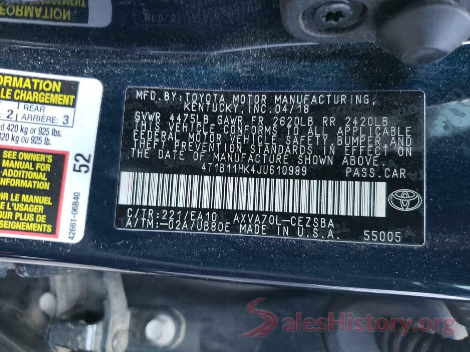 4T1B11HK4JU610989 2018 TOYOTA CAMRY