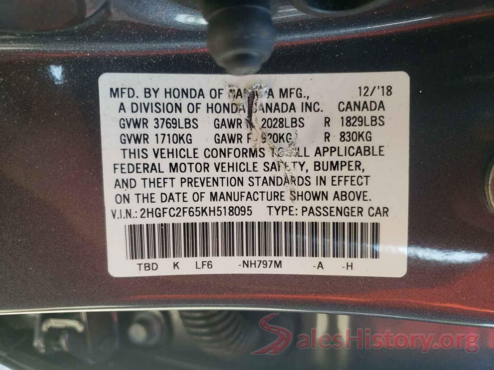 2HGFC2F65KH518095 2019 HONDA CIVIC