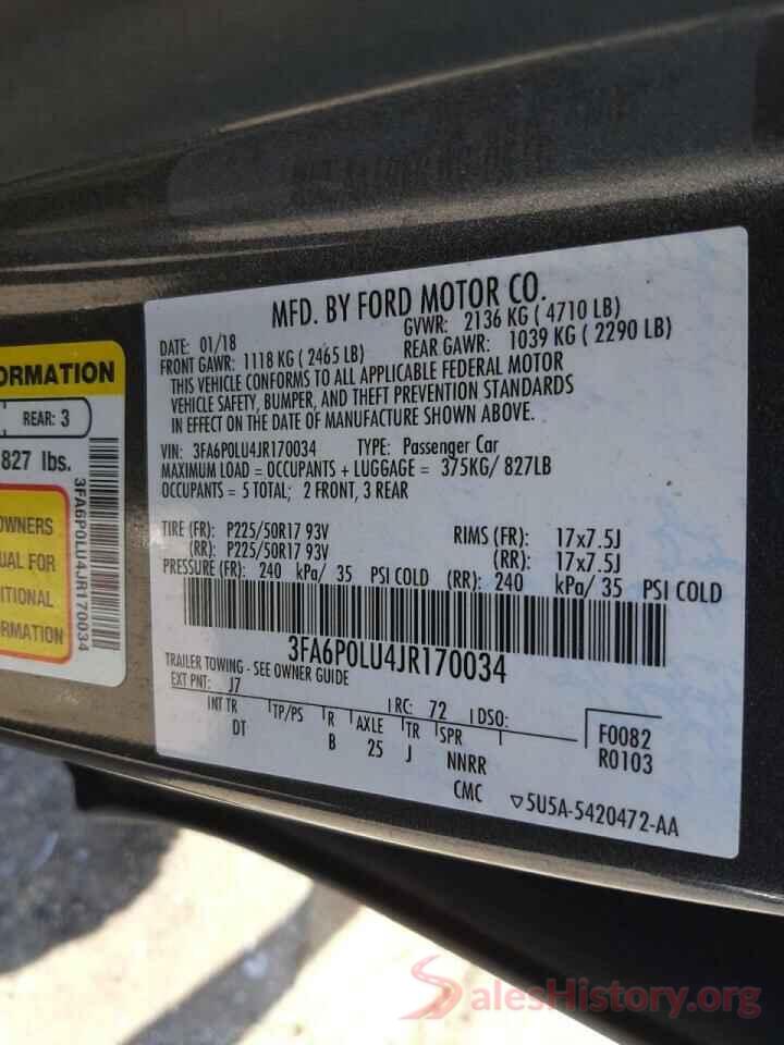 3FA6P0LU4JR170034 2018 FORD FUSION