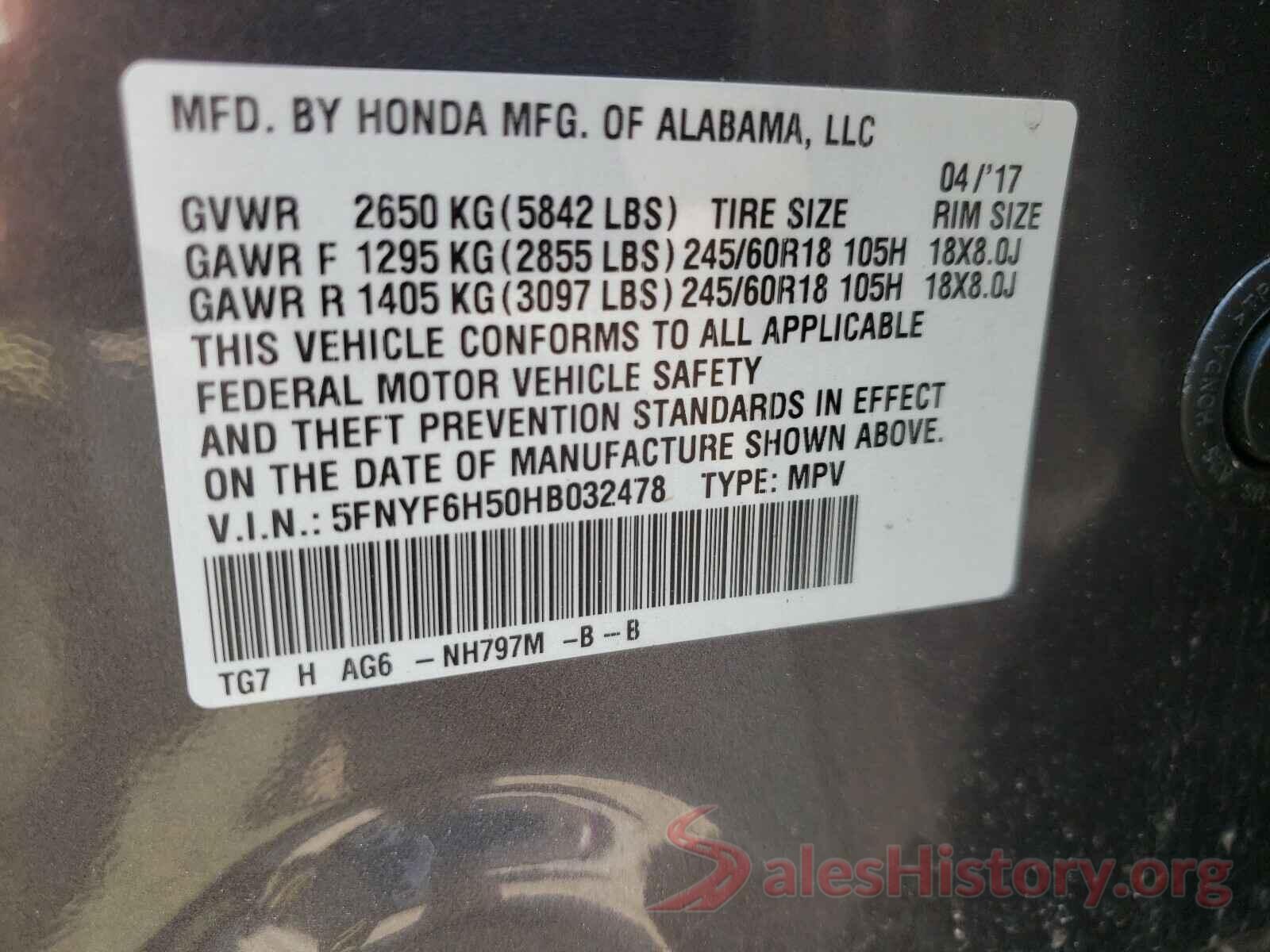 5FNYF6H50HB032478 2017 HONDA PILOT