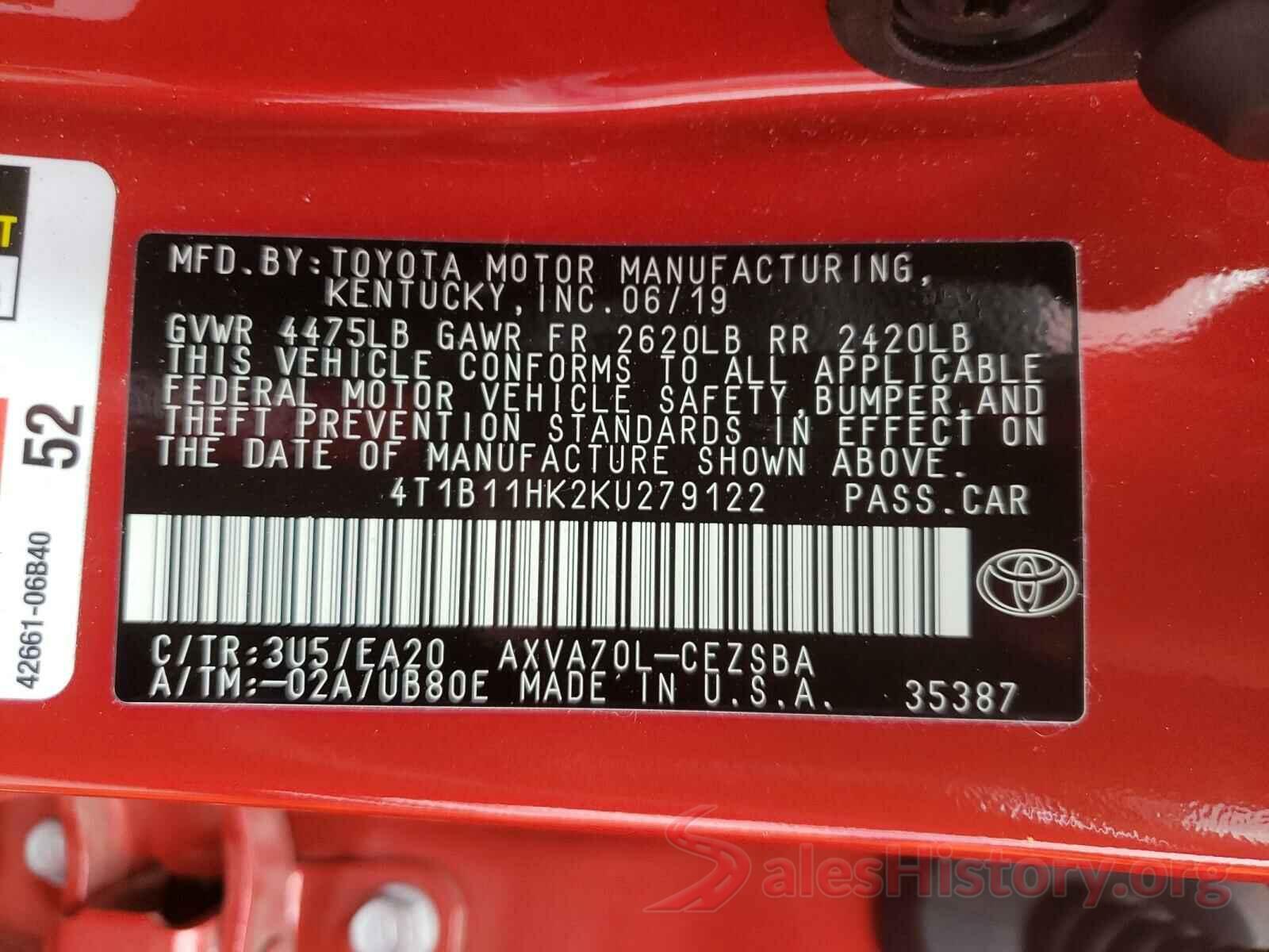 4T1B11HK2KU279122 2019 TOYOTA CAMRY