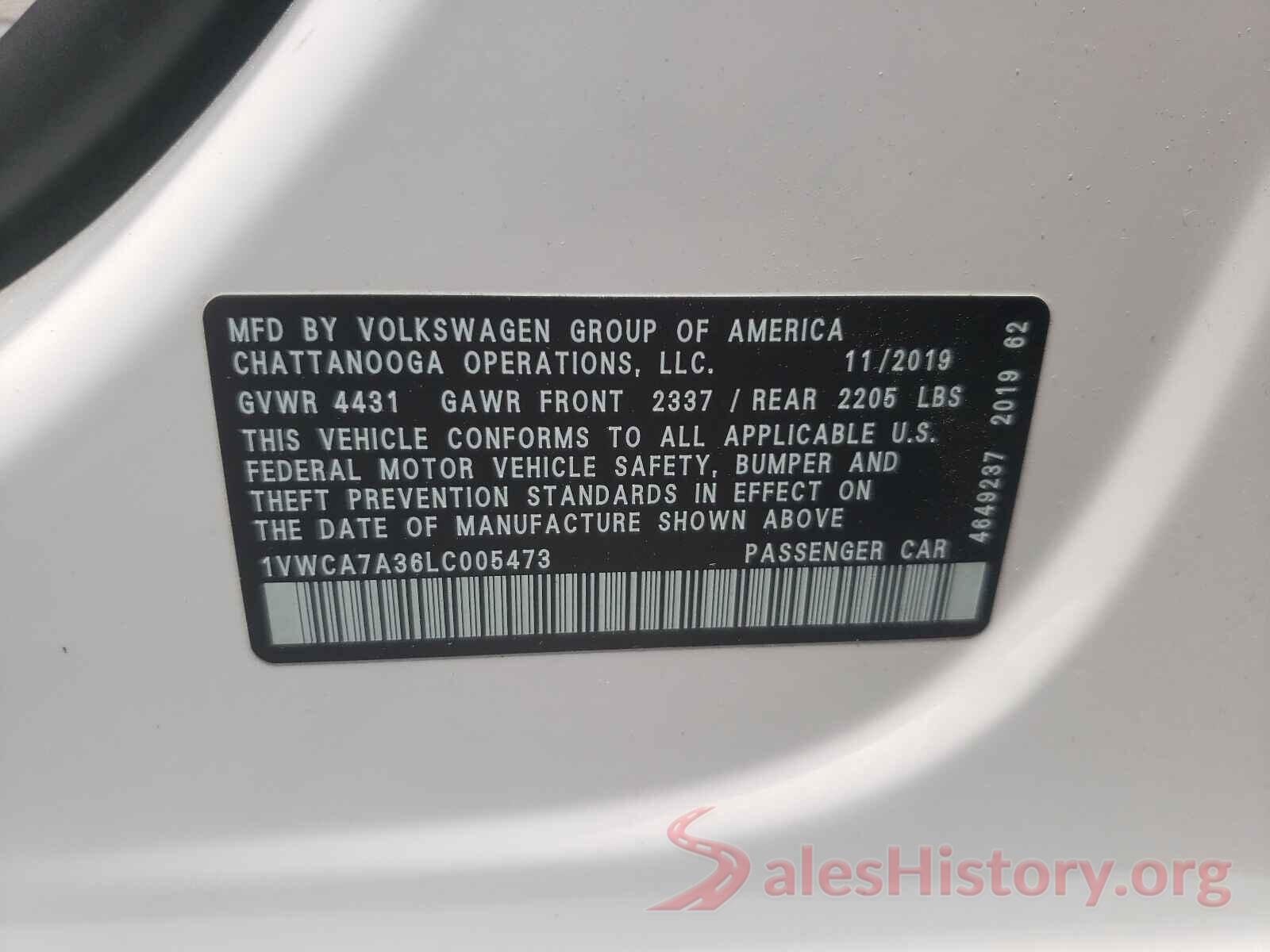 1VWCA7A36LC005473 2020 VOLKSWAGEN PASSAT