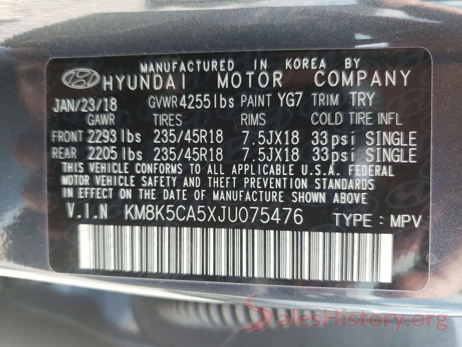 KM8K5CA5XJU075476 2018 HYUNDAI KONA