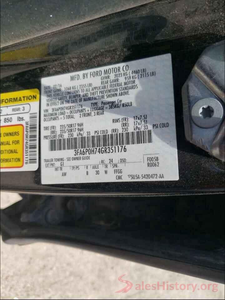 3FA6P0H74GR351176 2016 FORD FUSION