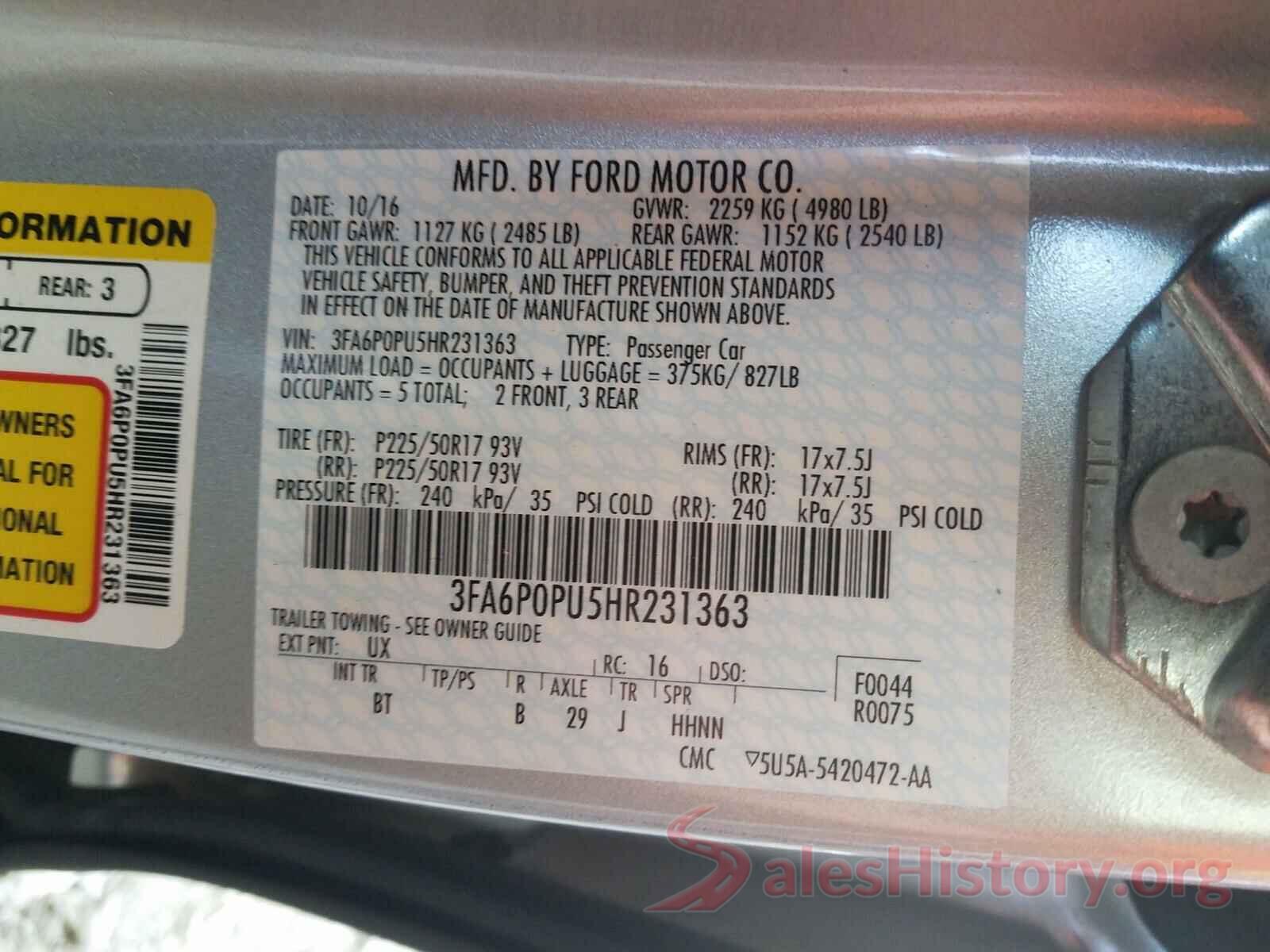 3FA6P0PU5HR231363 2017 FORD FUSION