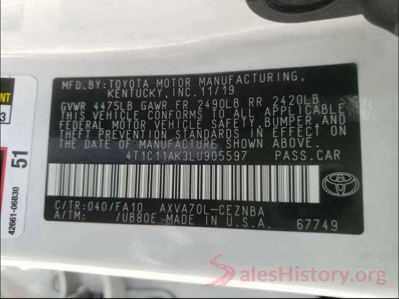 4T1C11AK3LU905597 2020 TOYOTA CAMRY