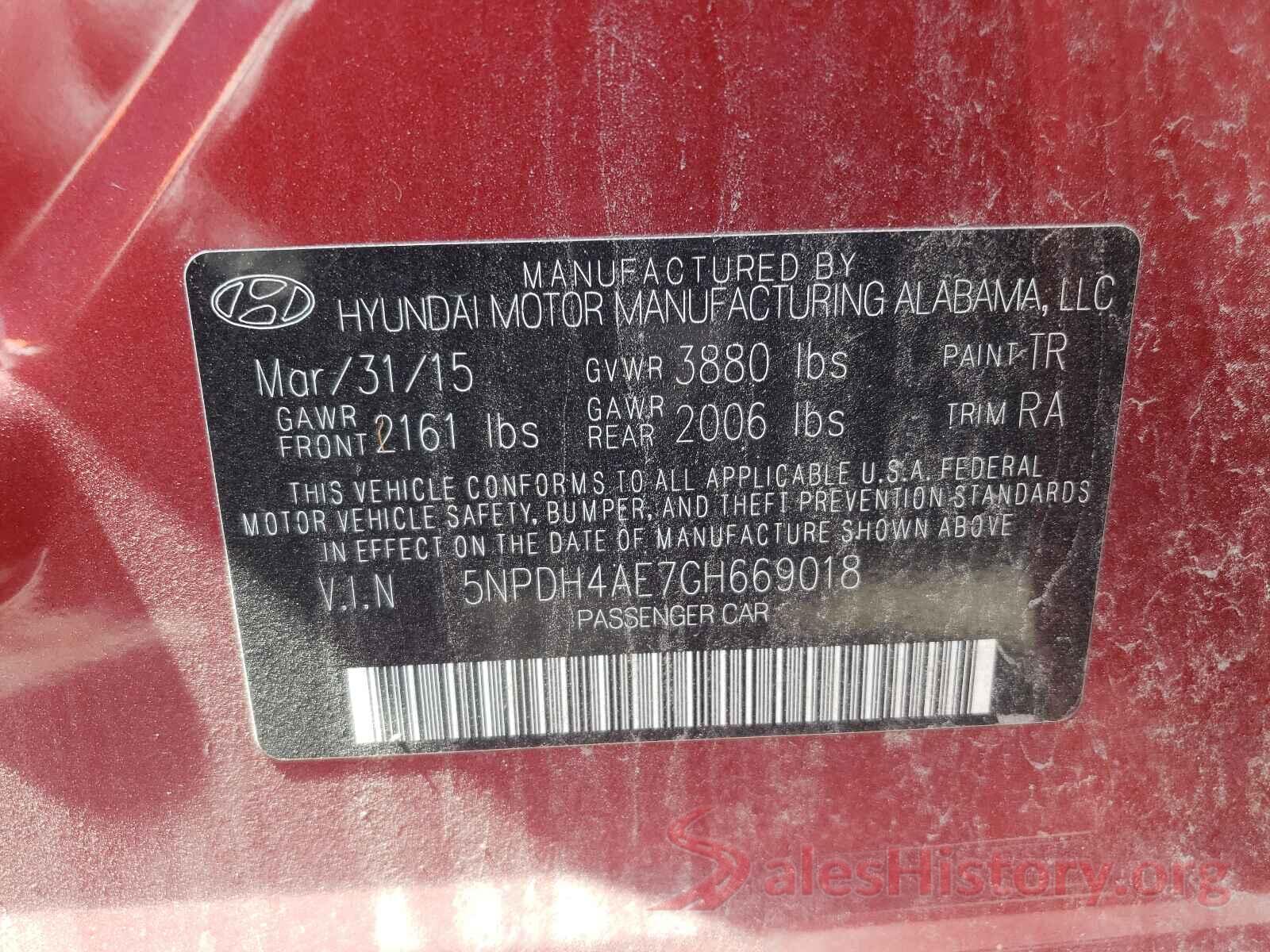 5NPDH4AE7GH669018 2016 HYUNDAI ELANTRA