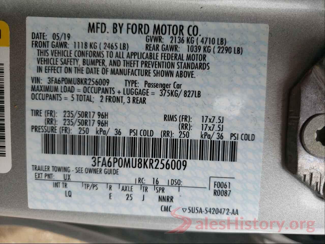 3FA6P0MU8KR256009 2019 FORD FUSION