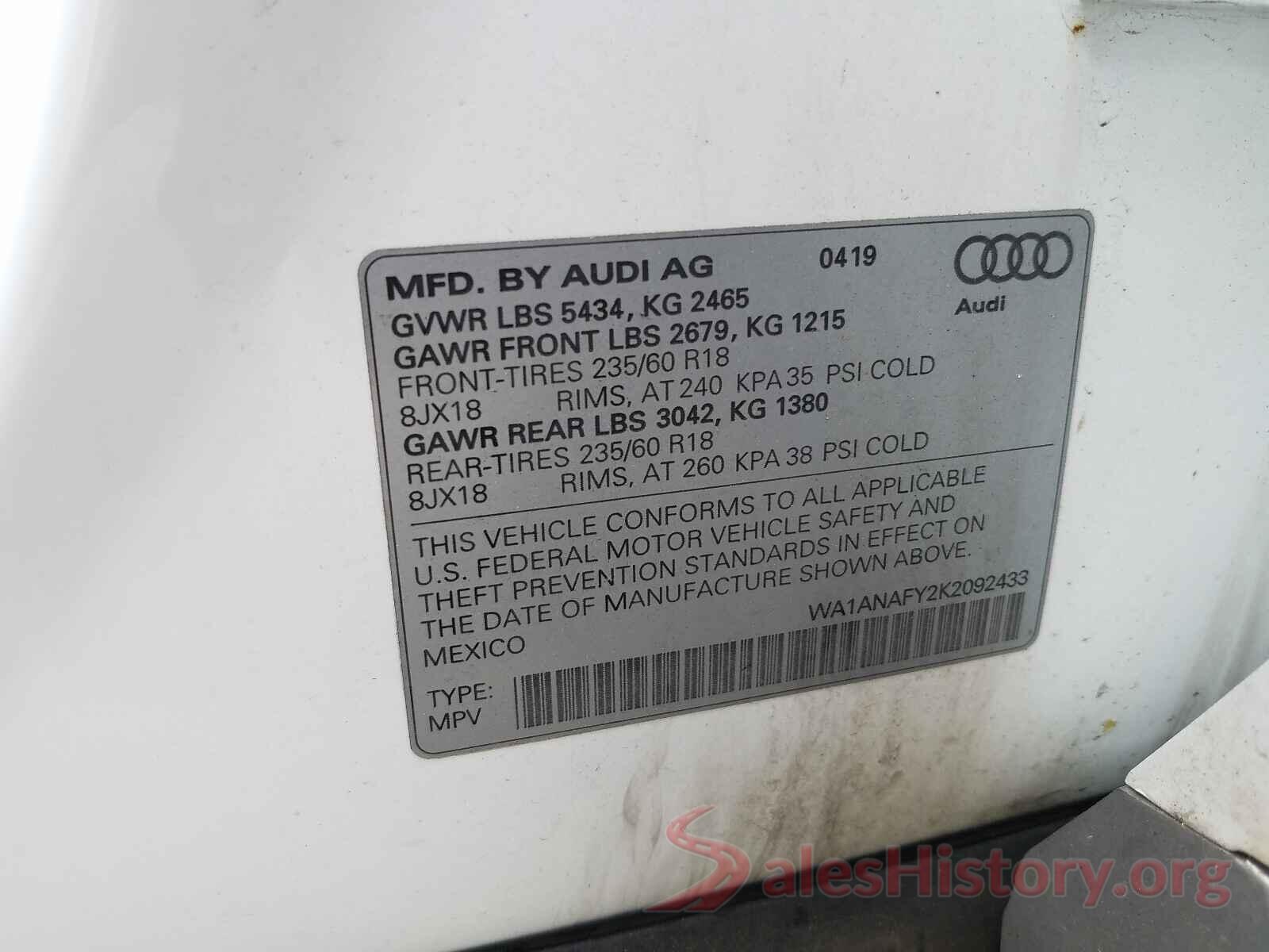 WA1ANAFY2K2092433 2019 AUDI Q5