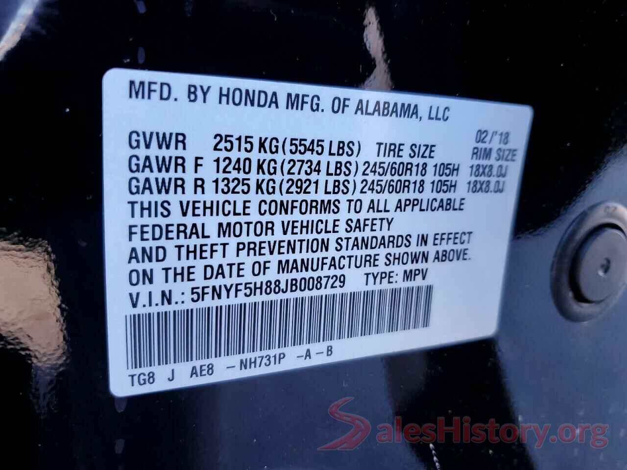 5FNYF5H88JB008729 2018 HONDA PILOT