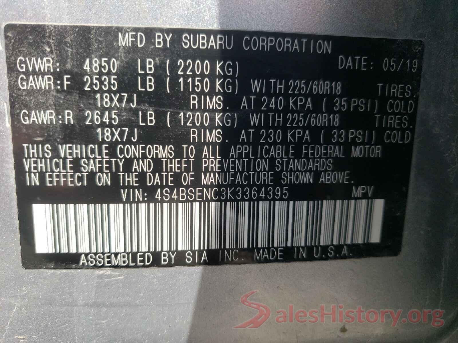 4S4BSENC3K3364395 2019 SUBARU OUTBACK