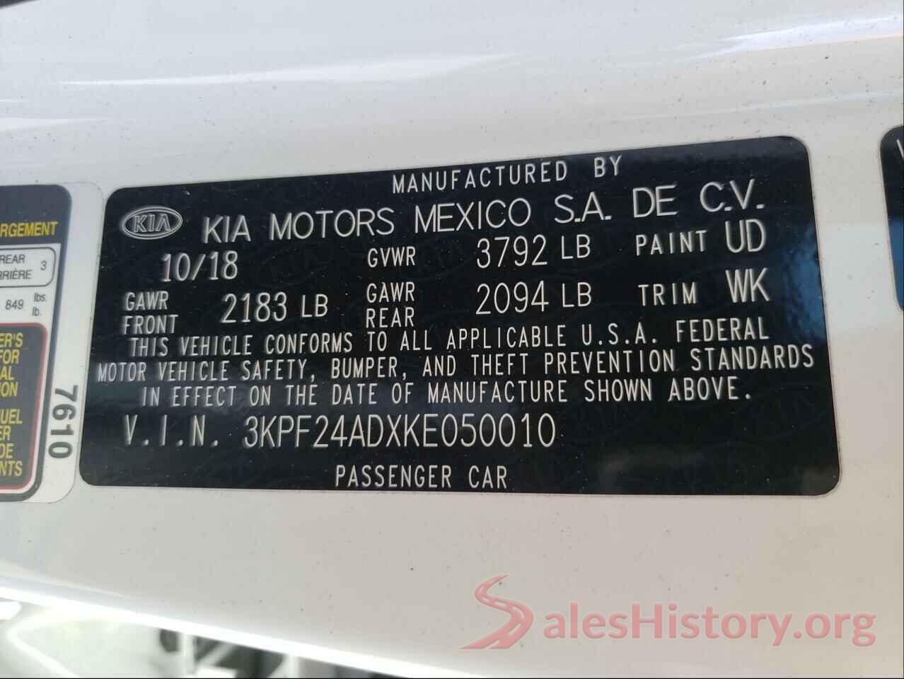 3KPF24ADXKE050010 2019 KIA FORTE