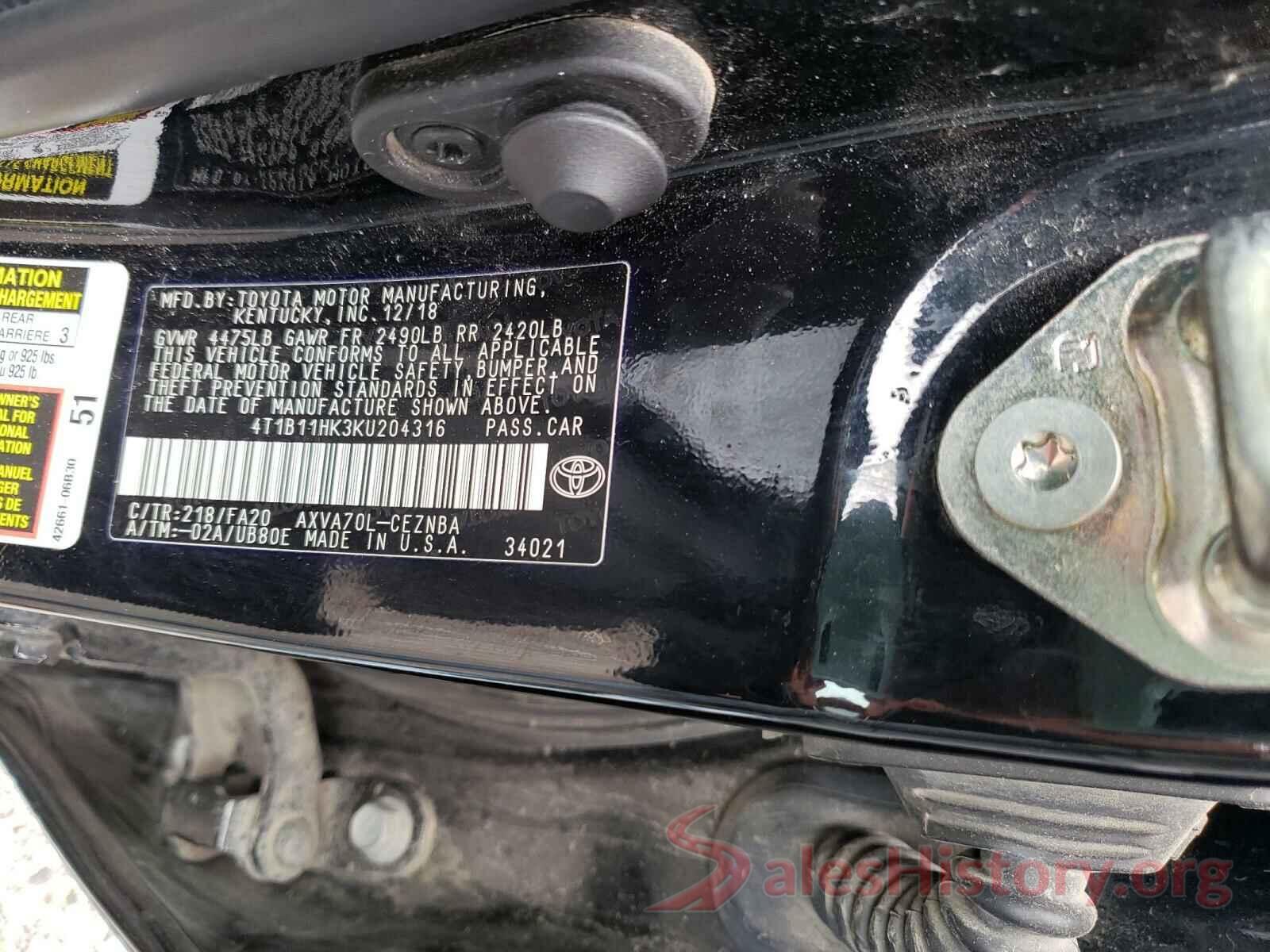 4T1B11HK3KU204316 2019 TOYOTA CAMRY