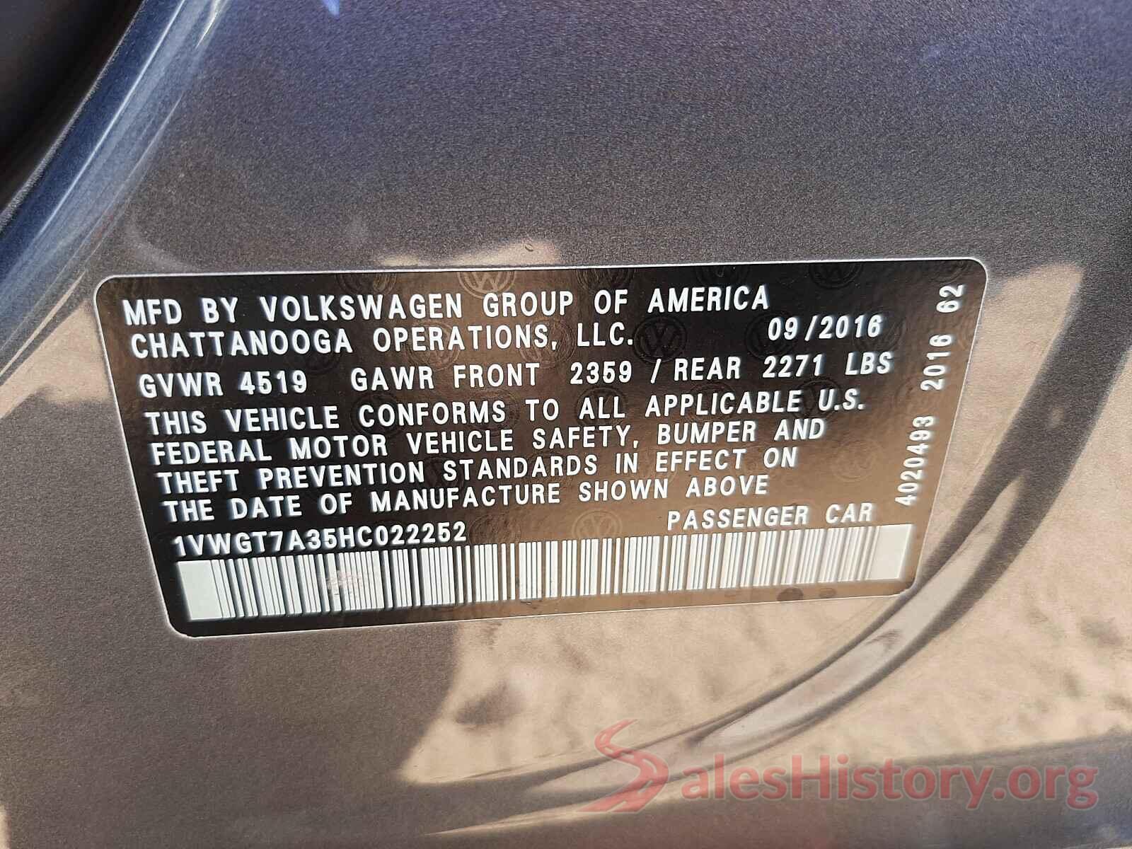 1VWGT7A35HC022252 2017 VOLKSWAGEN PASSAT