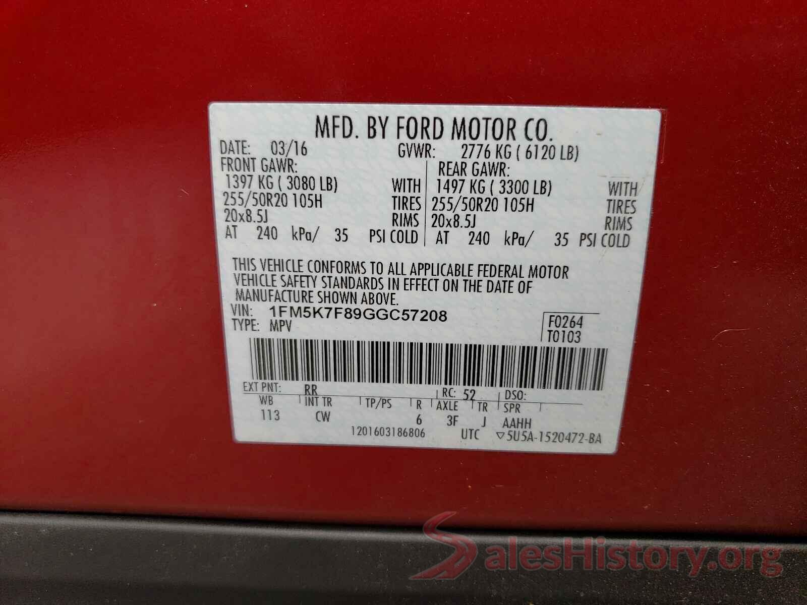 1FM5K7F89GGC57208 2016 FORD EXPLORER