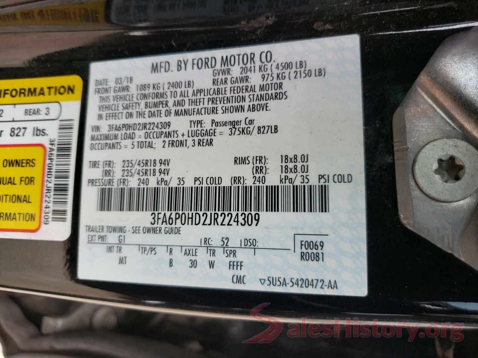 3FA6P0HD2JR224309 2018 FORD FUSION