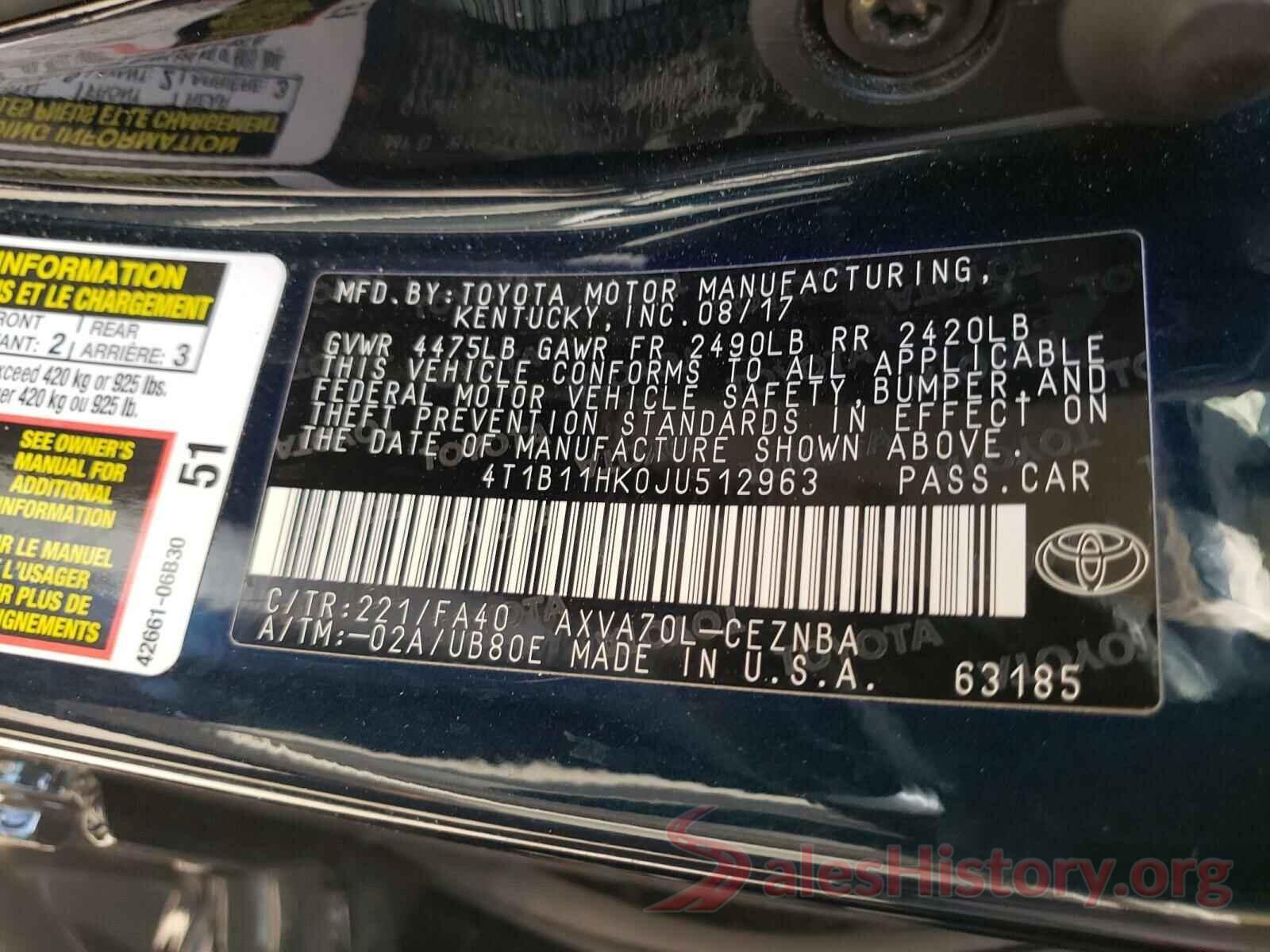 4T1B11HK0JU512963 2018 TOYOTA CAMRY