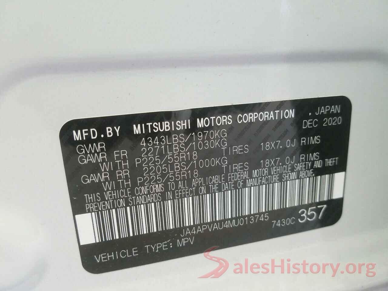 JA4APVAU4MU013745 2021 MITSUBISHI OUTLANDER