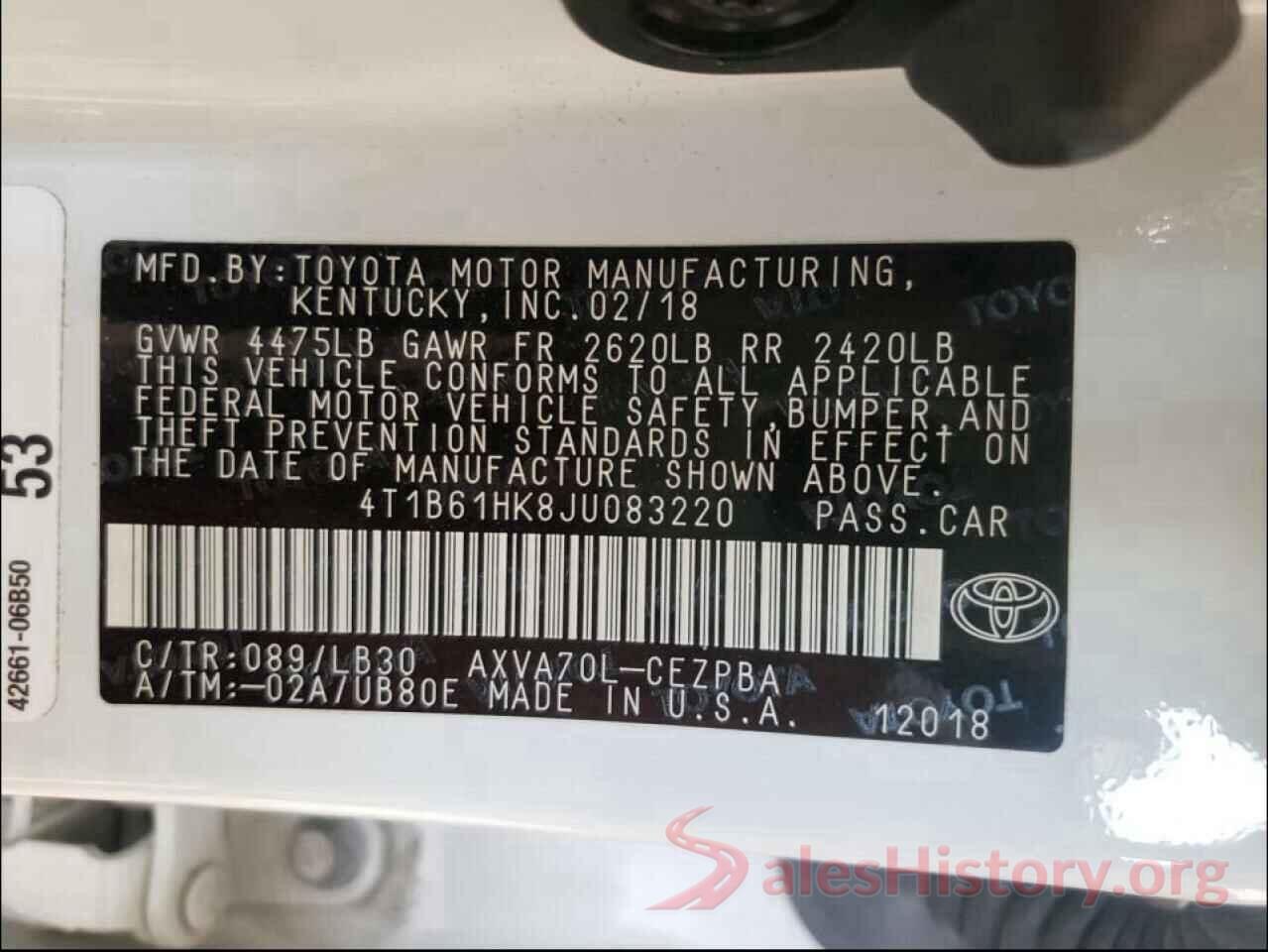 4T1B61HK8JU083220 2018 TOYOTA CAMRY