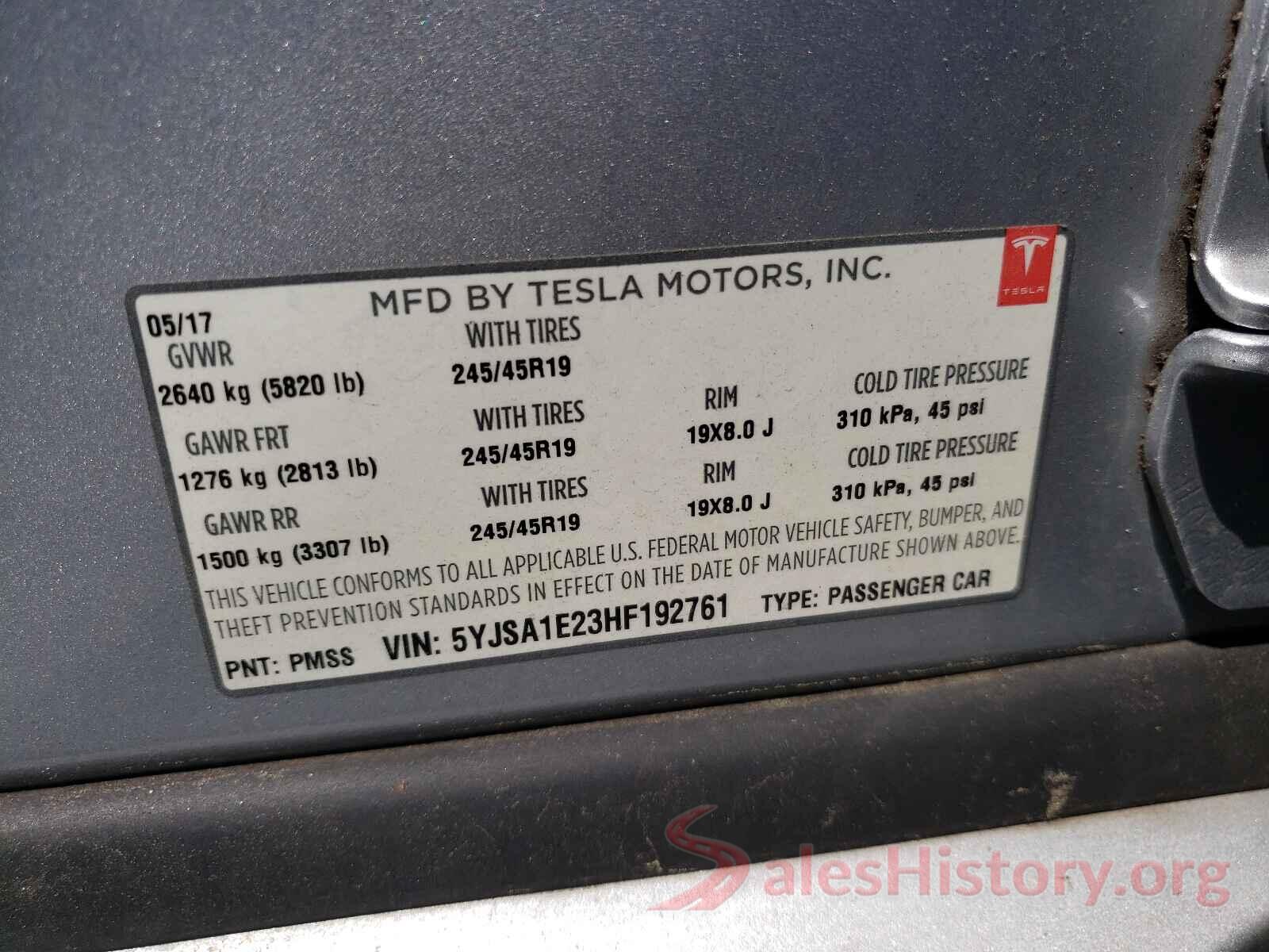 5YJSA1E23HF192761 2017 TESLA MODEL S