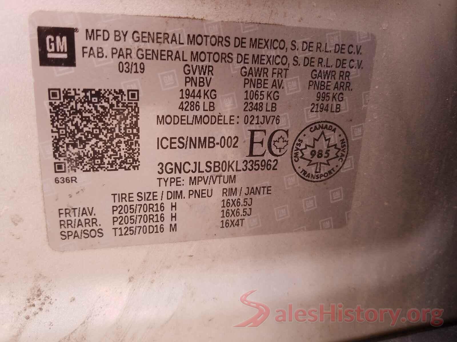 3GNCJLSB0KL335962 2019 CHEVROLET TRAX