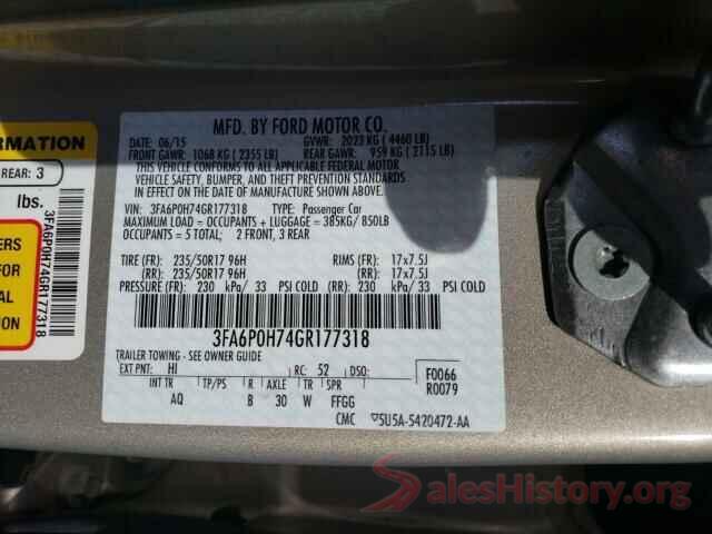 3FA6P0H74GR177318 2016 FORD FUSION