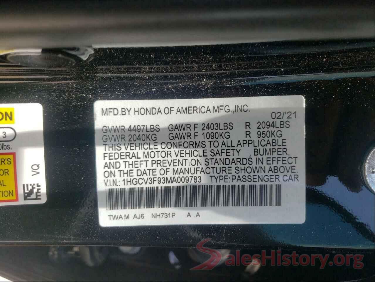 1HGCV3F93MA009783 2021 HONDA ACCORD