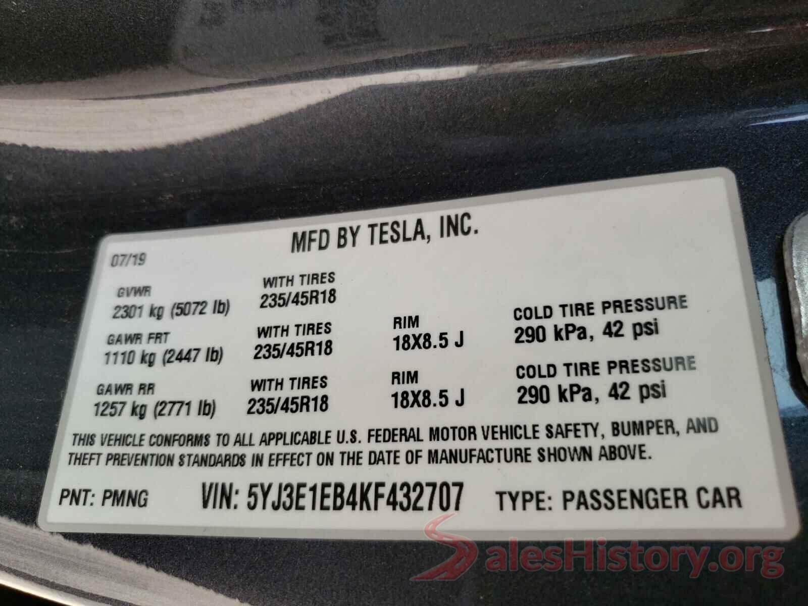 5YJ3E1EB4KF432707 2019 TESLA MODEL 3