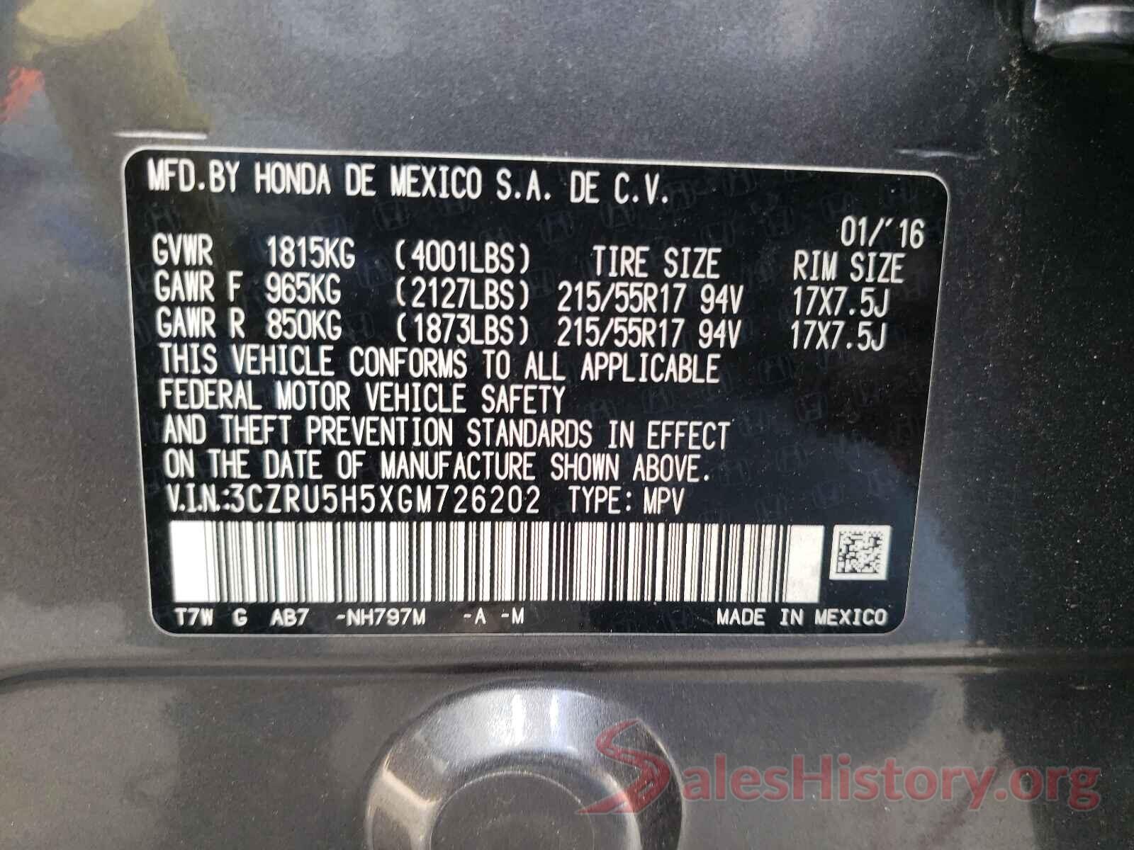 3CZRU5H5XGM726202 2016 HONDA HR-V