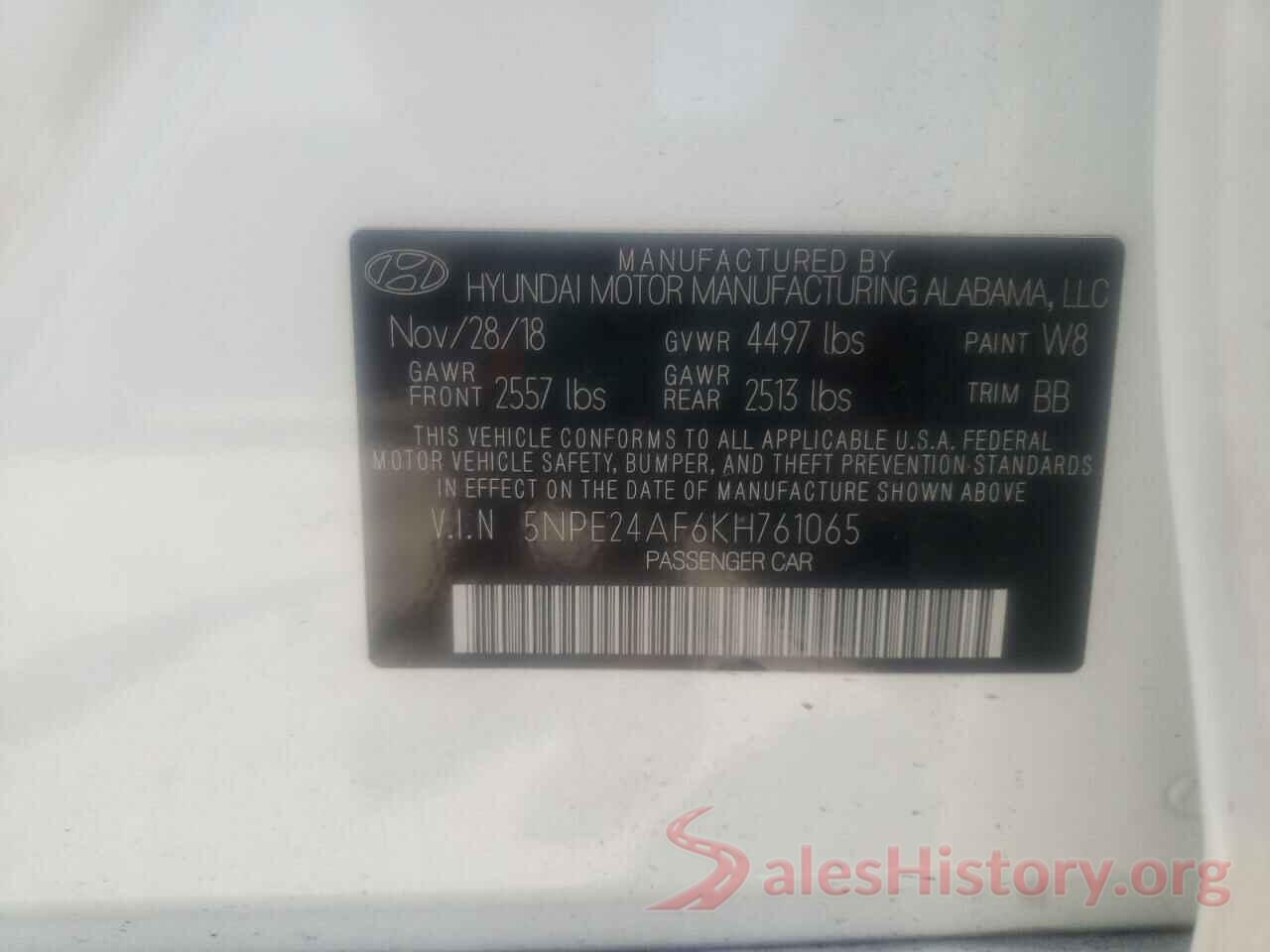 5NPE24AF6KH761065 2019 HYUNDAI SONATA