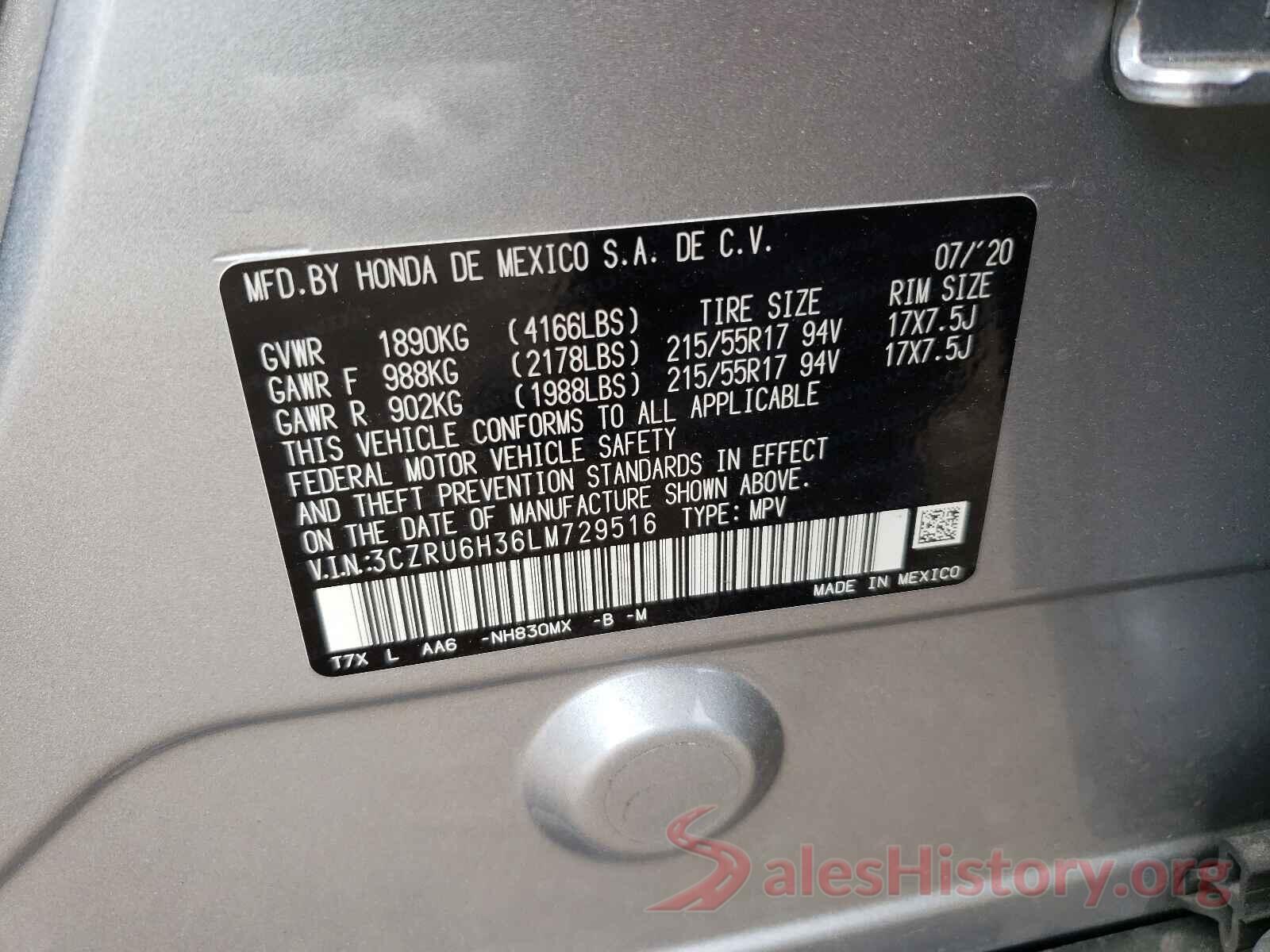 3CZRU6H36LM729516 2020 HONDA HR-V