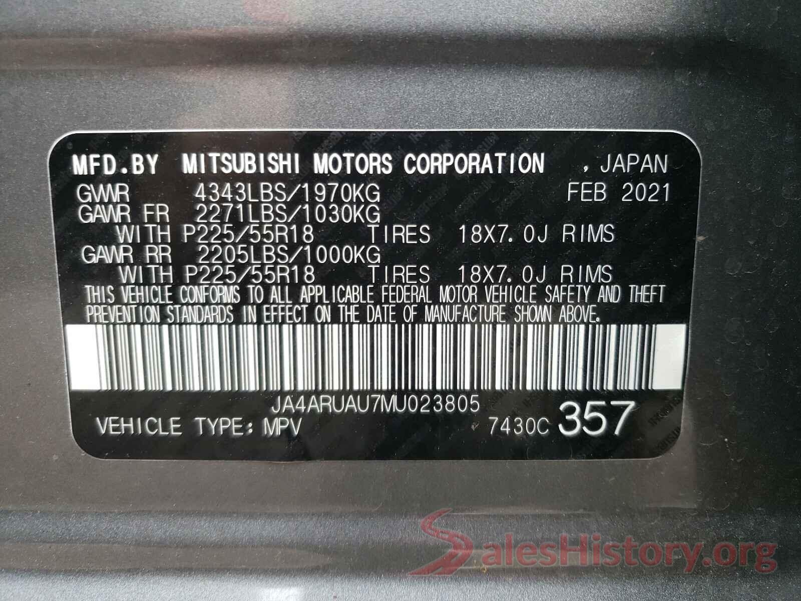 JA4ARUAU7MU023805 2021 MITSUBISHI OUTLANDER