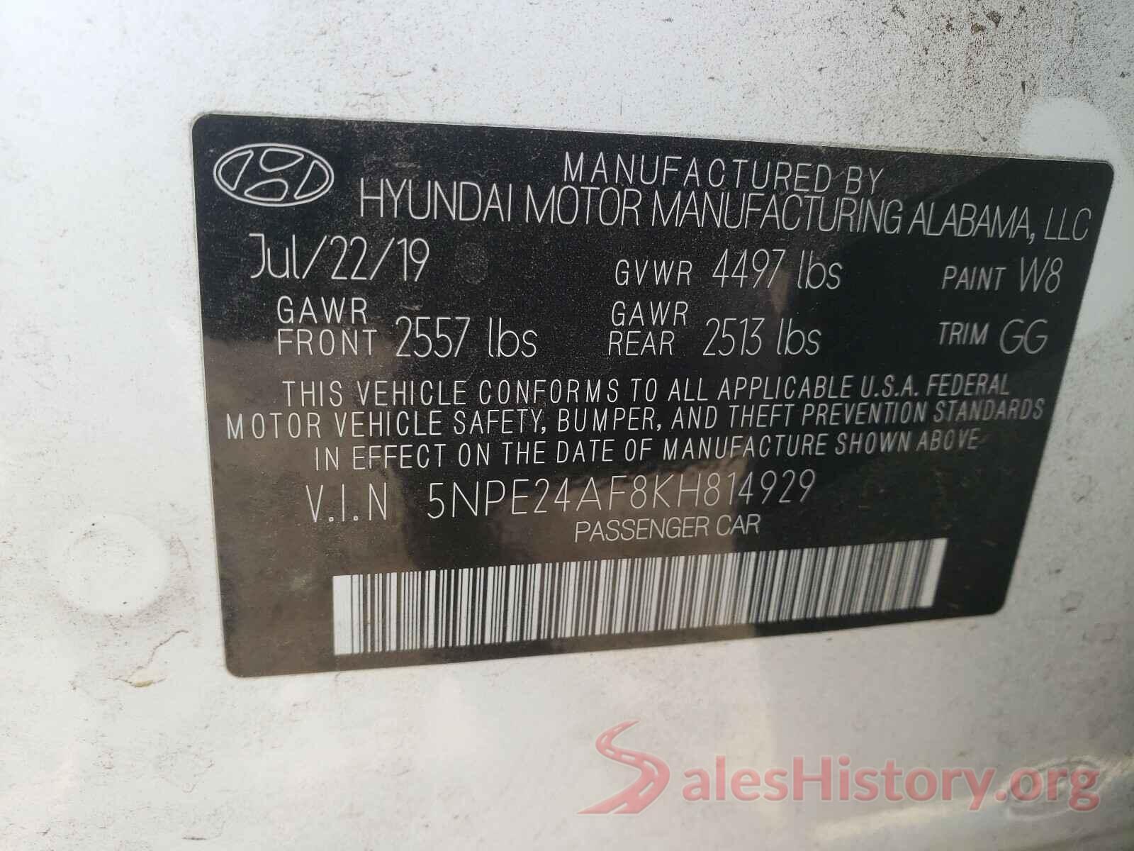 5NPE24AF8KH814929 2019 HYUNDAI SONATA