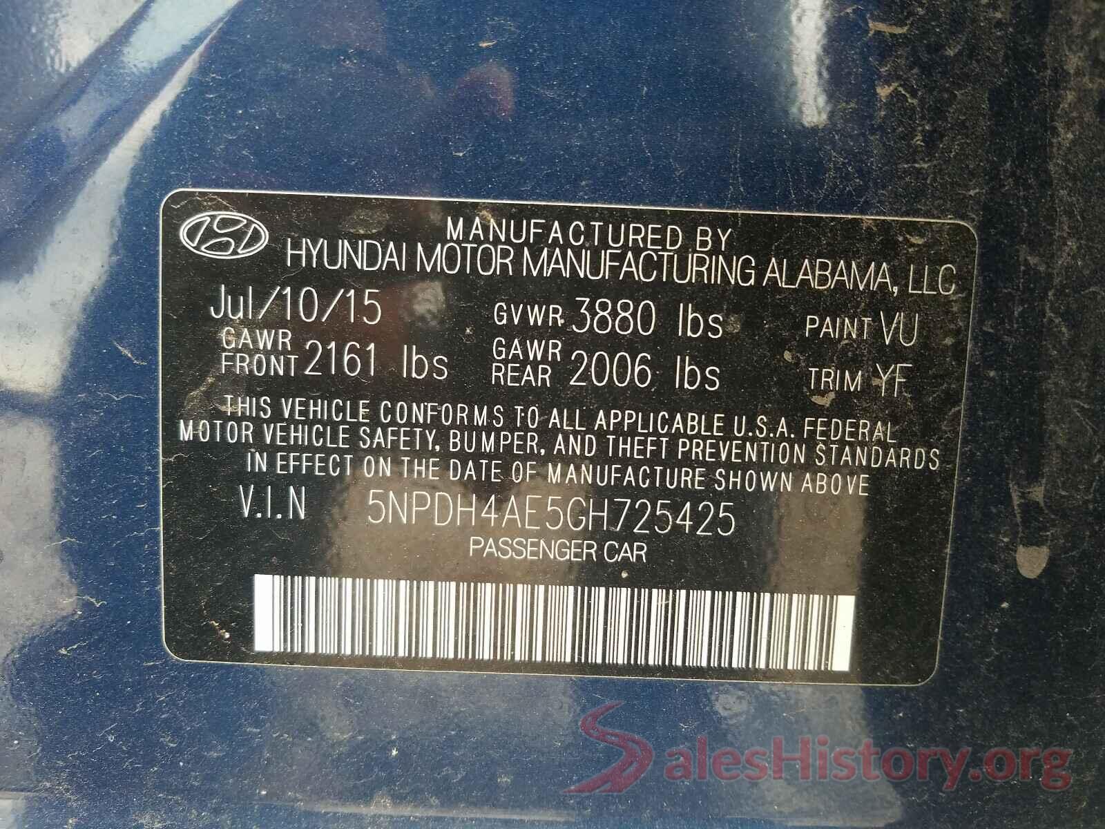 5NPDH4AE5GH725425 2016 HYUNDAI ELANTRA