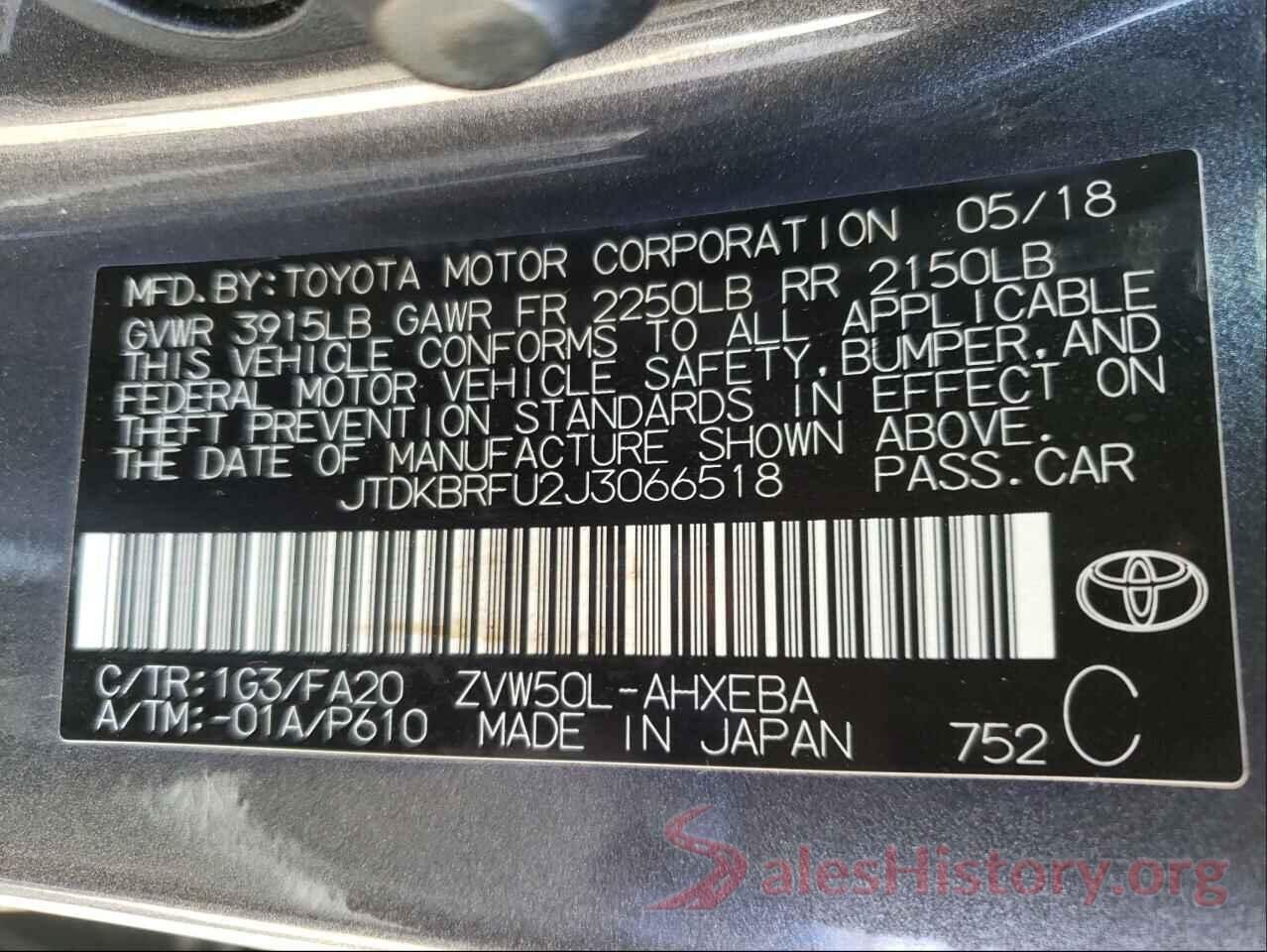 JTDKBRFU2J3066518 2018 TOYOTA PRIUS